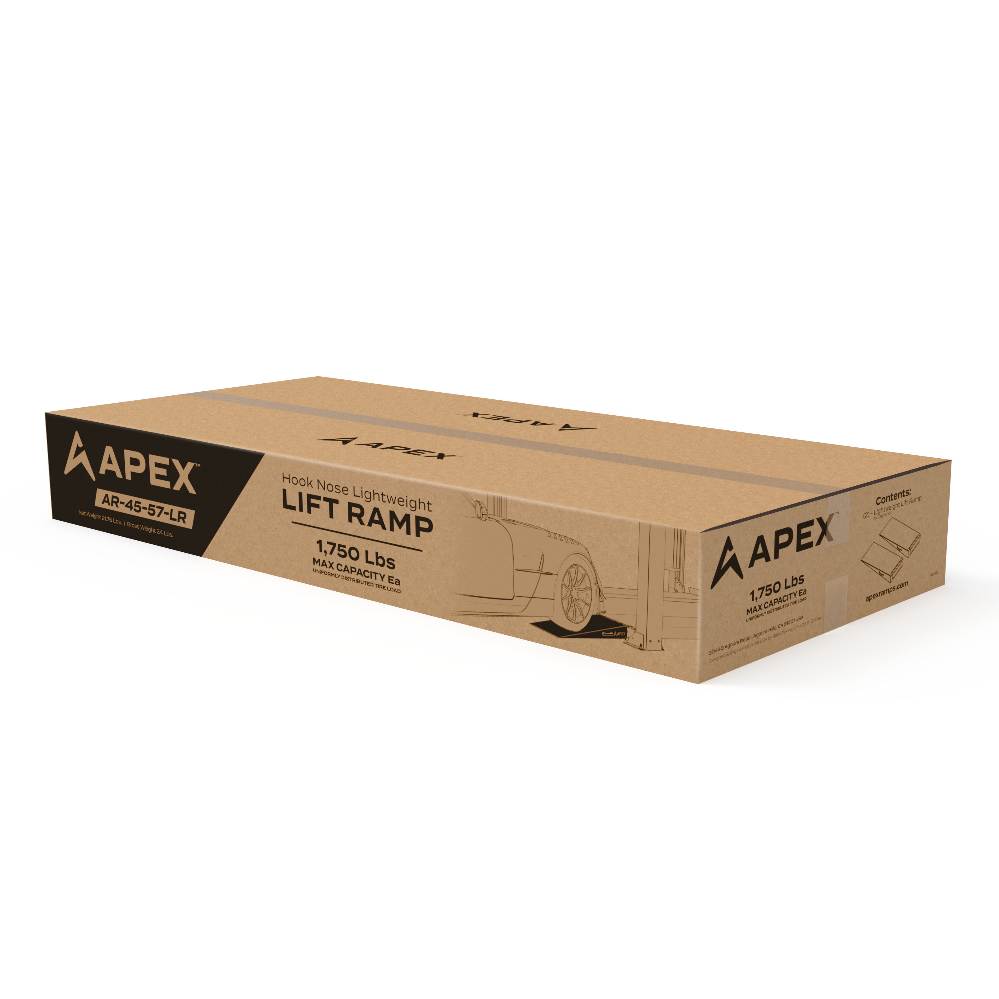 APEX 48-in. lift ramp packaging box for shipping and product contents.