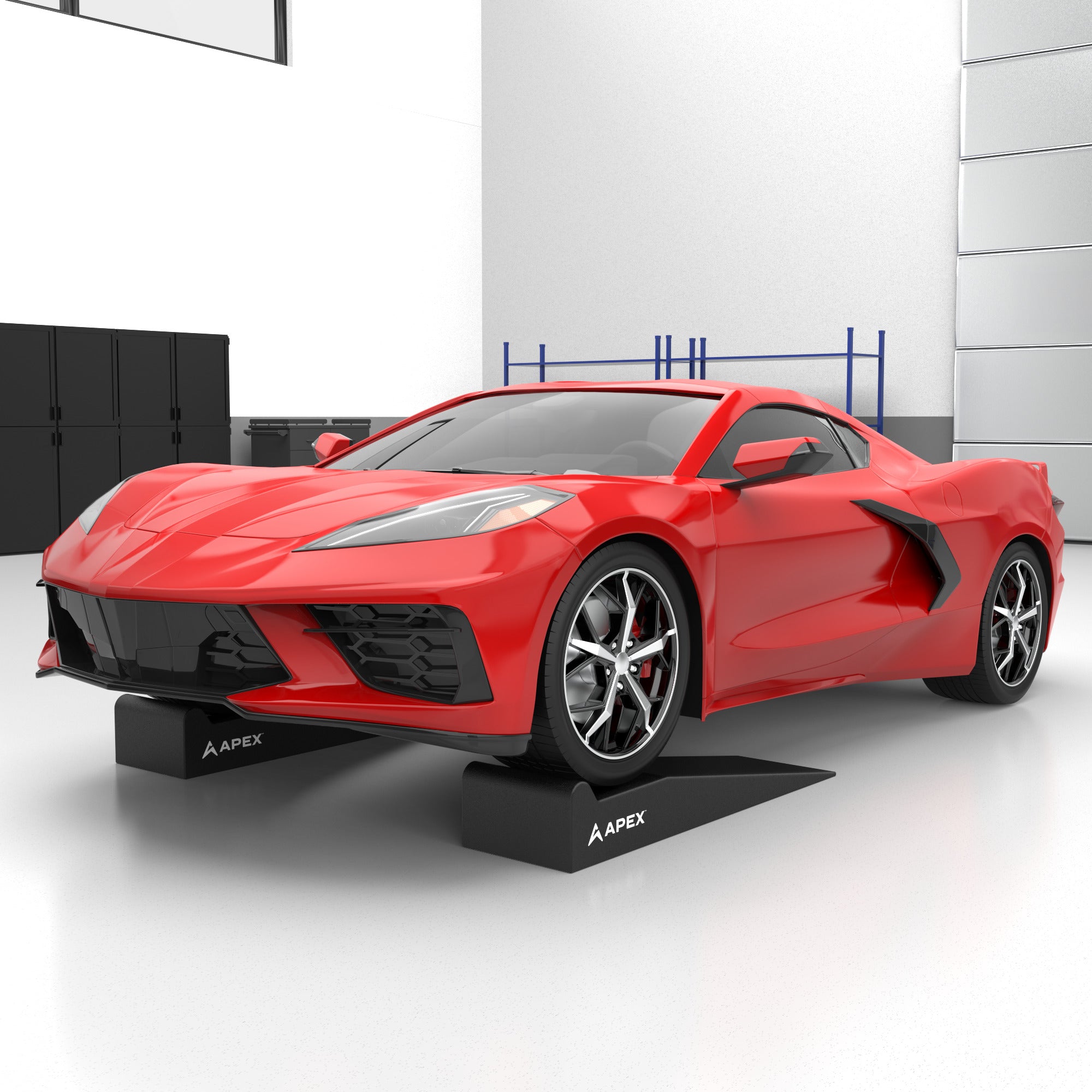 APEX 48-in. garage ramps raising a vehicle for quick undercarriage service access.