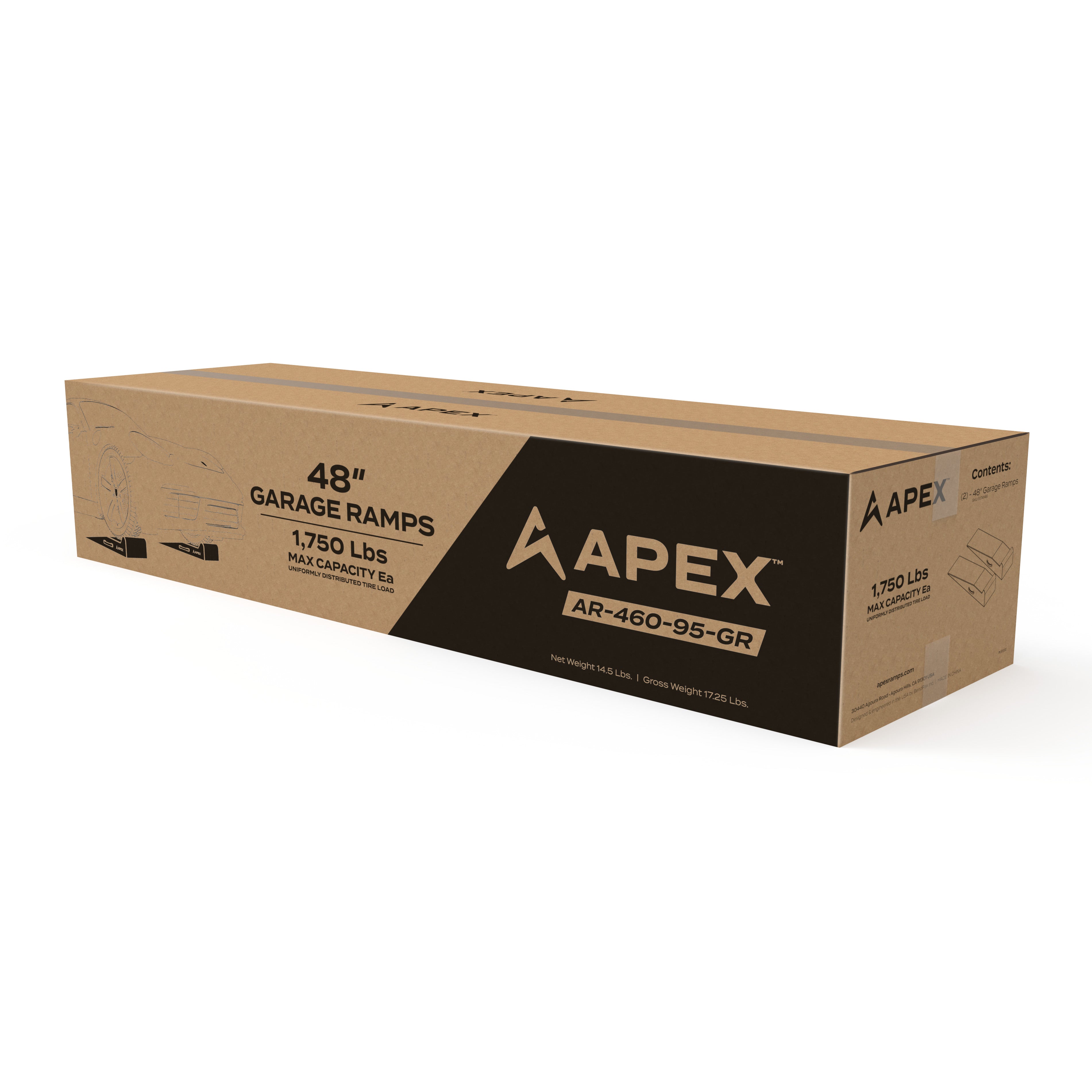 APEX AR-460-95-GR 48-in. garage ramps shown in shipping packaging box.