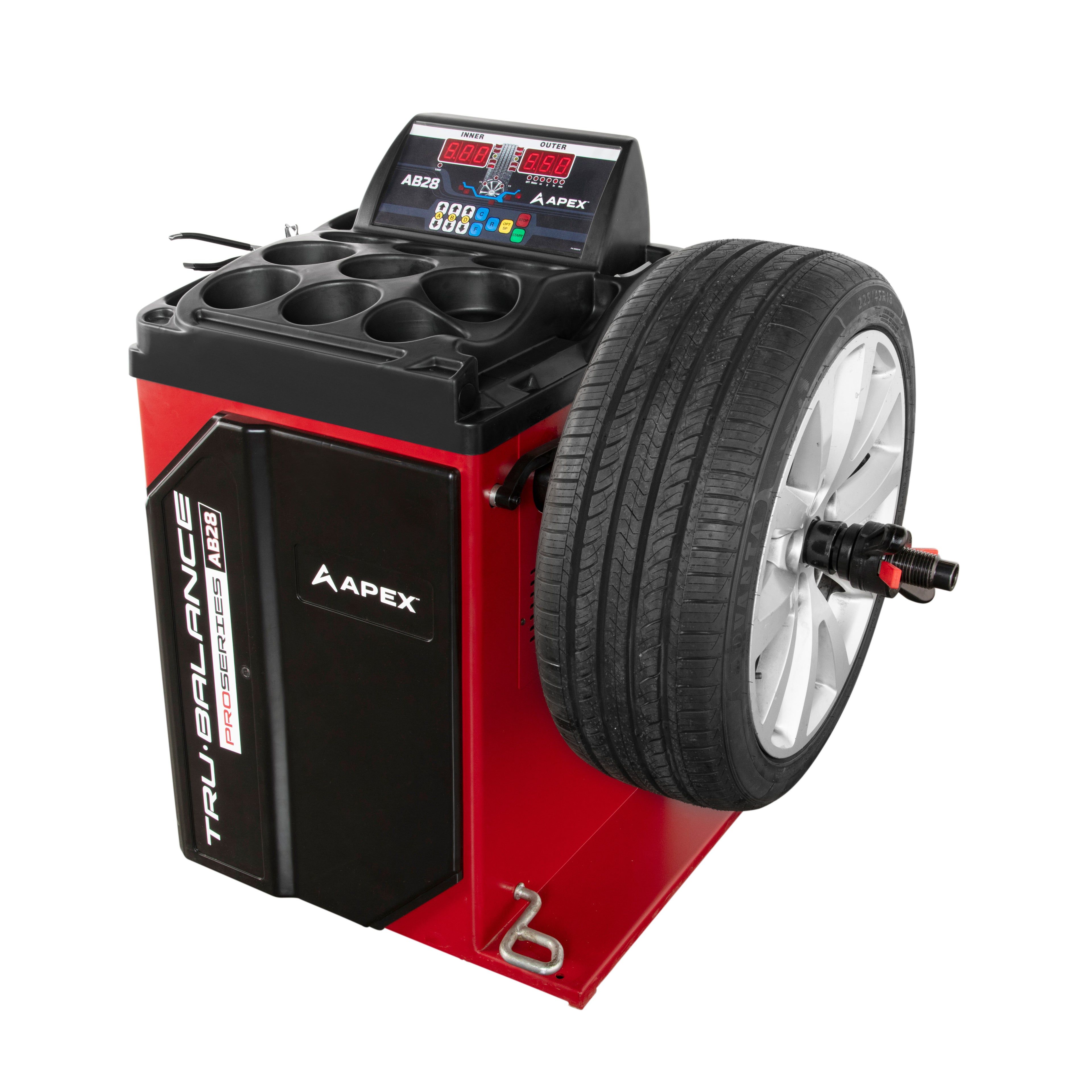 APEX AB28 wheel balancer with smart sensor technology for precise balancing setup.