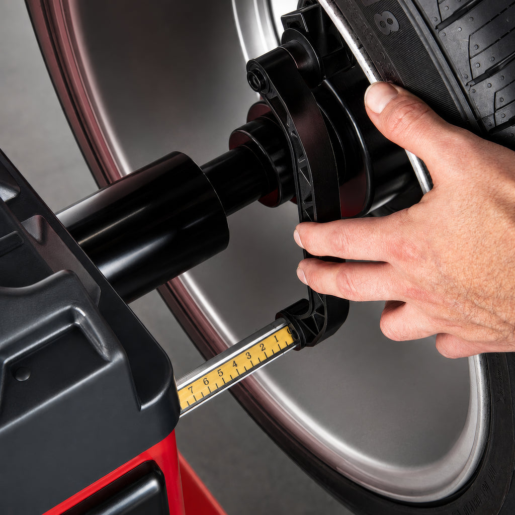 Automatic ruler rod measuring wheel diameter and distance on an APEX AB28 wheel balancer.