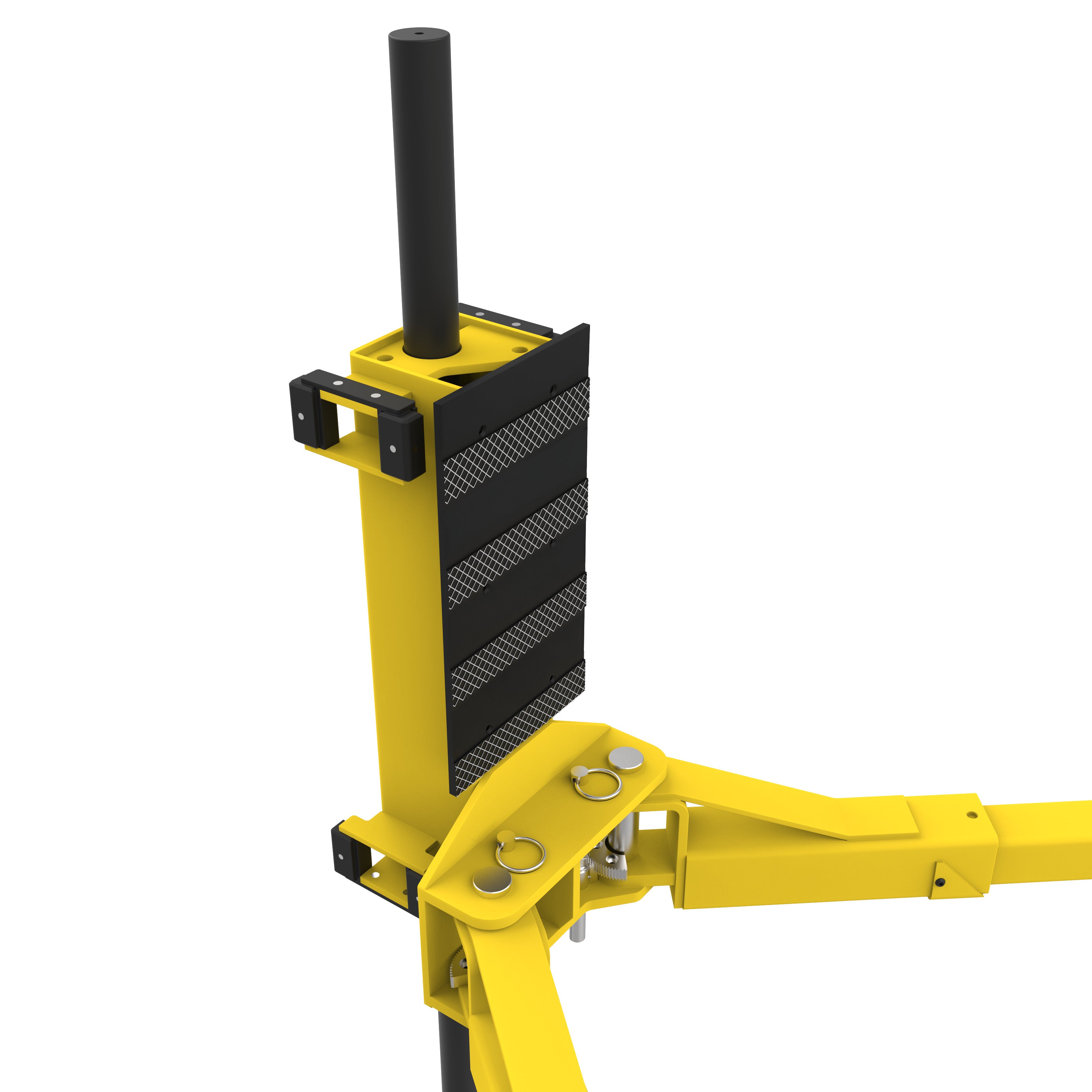Rugged steel carriage and internal lifting components of an APEX AL10C two-post car lift.