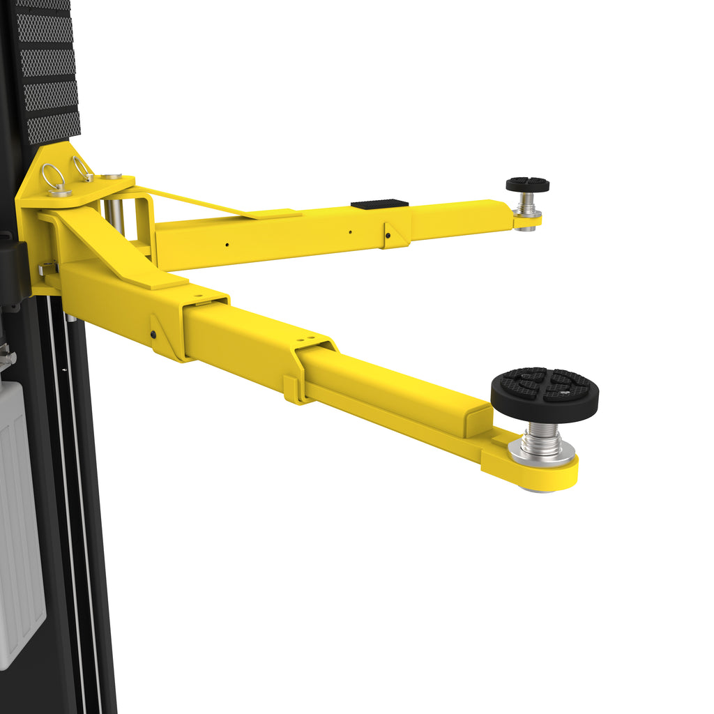 Extended triple-telescoping arms on an APEX AL10C two-post lift for reaching vehicle lifting points.