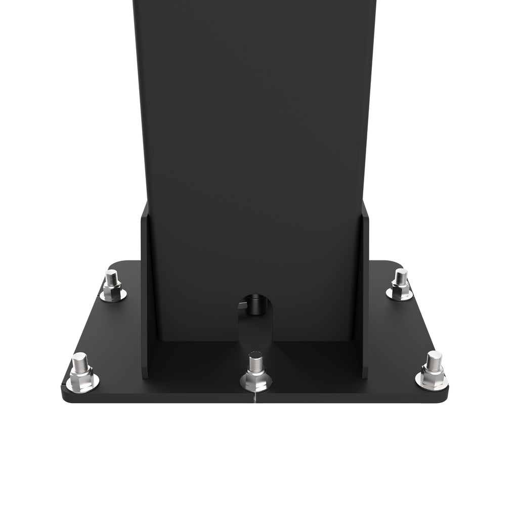 Wide steel baseplate securing an APEX AL10C two-post lift column to the shop floor.