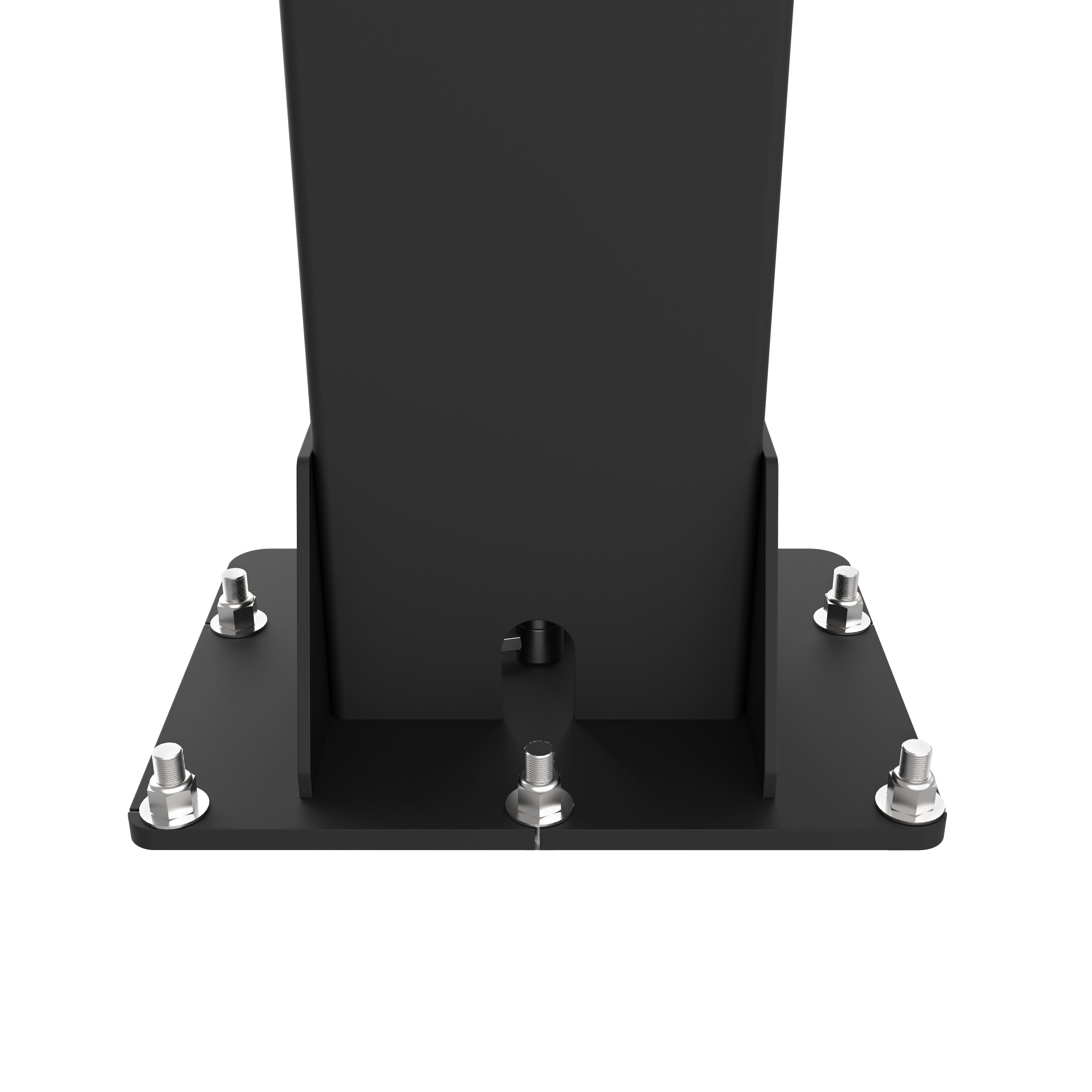 Wide steel baseplate securing an APEX AL10C two-post lift column to the shop floor.