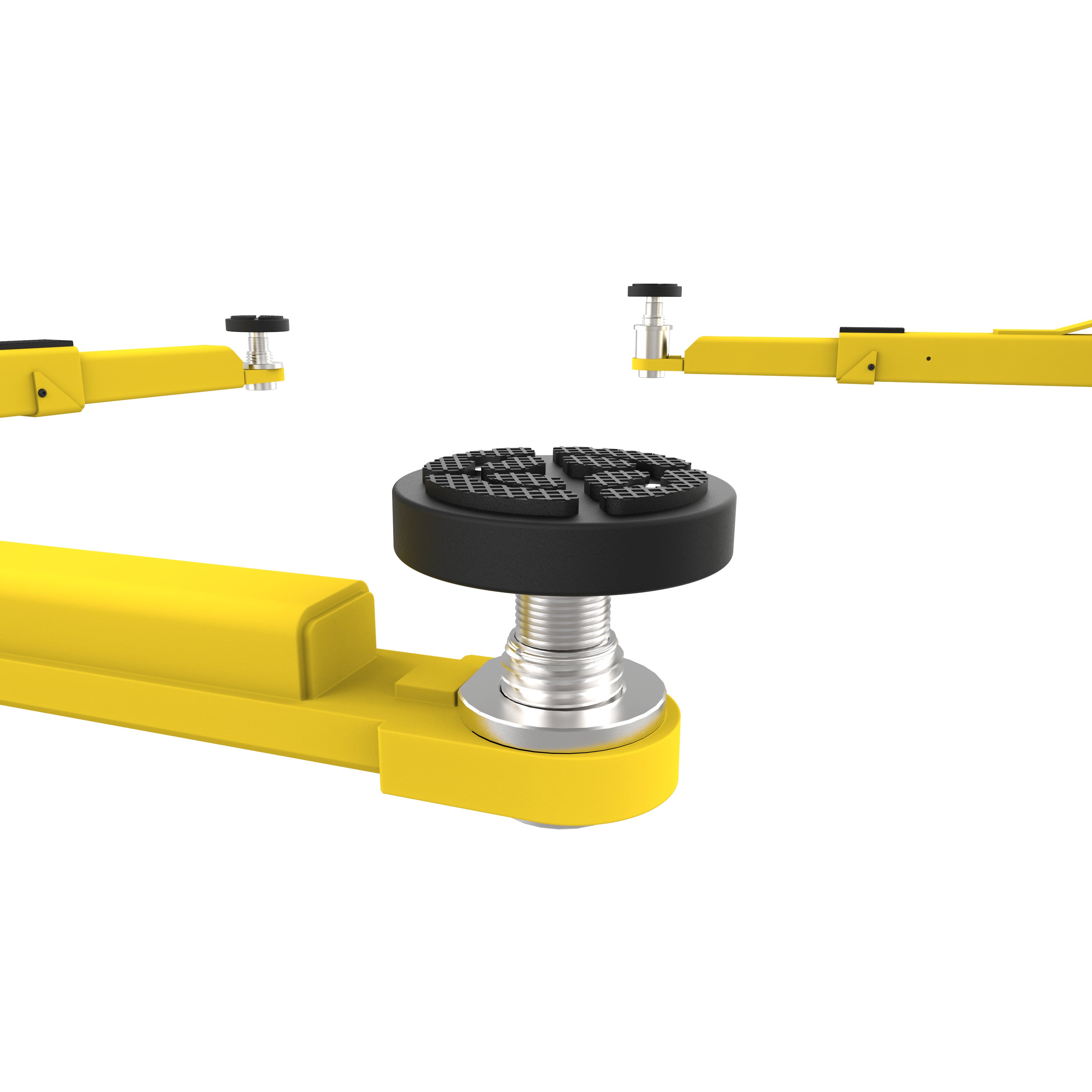 Adjustable screw pads on the lifting arms of an APEX AL9LC two-post car lift.