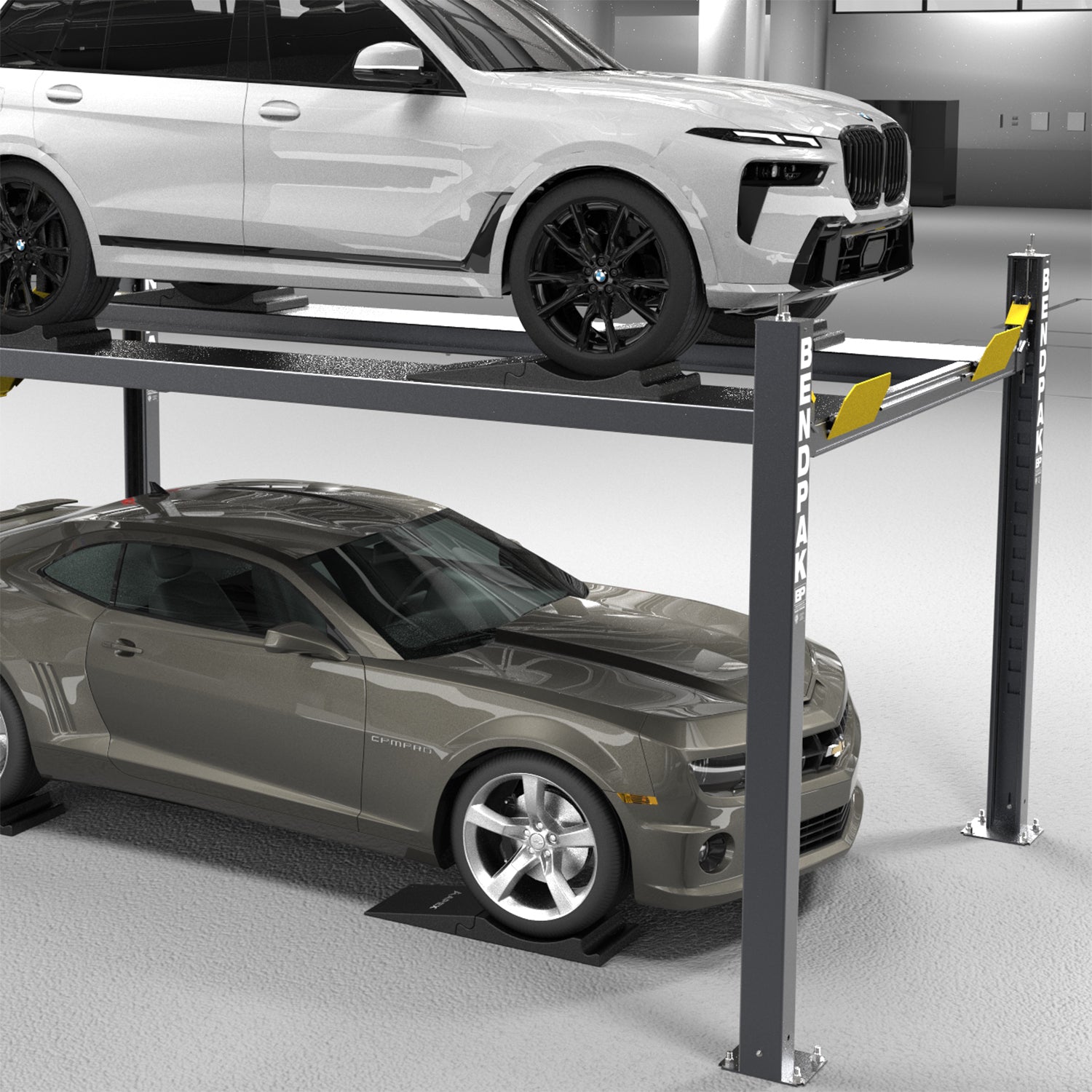 APEX Tire Saver Ramps with removable dual-end approach ramps for easy vehicle positioning and long-term storage on a BendPak four-post lift.
