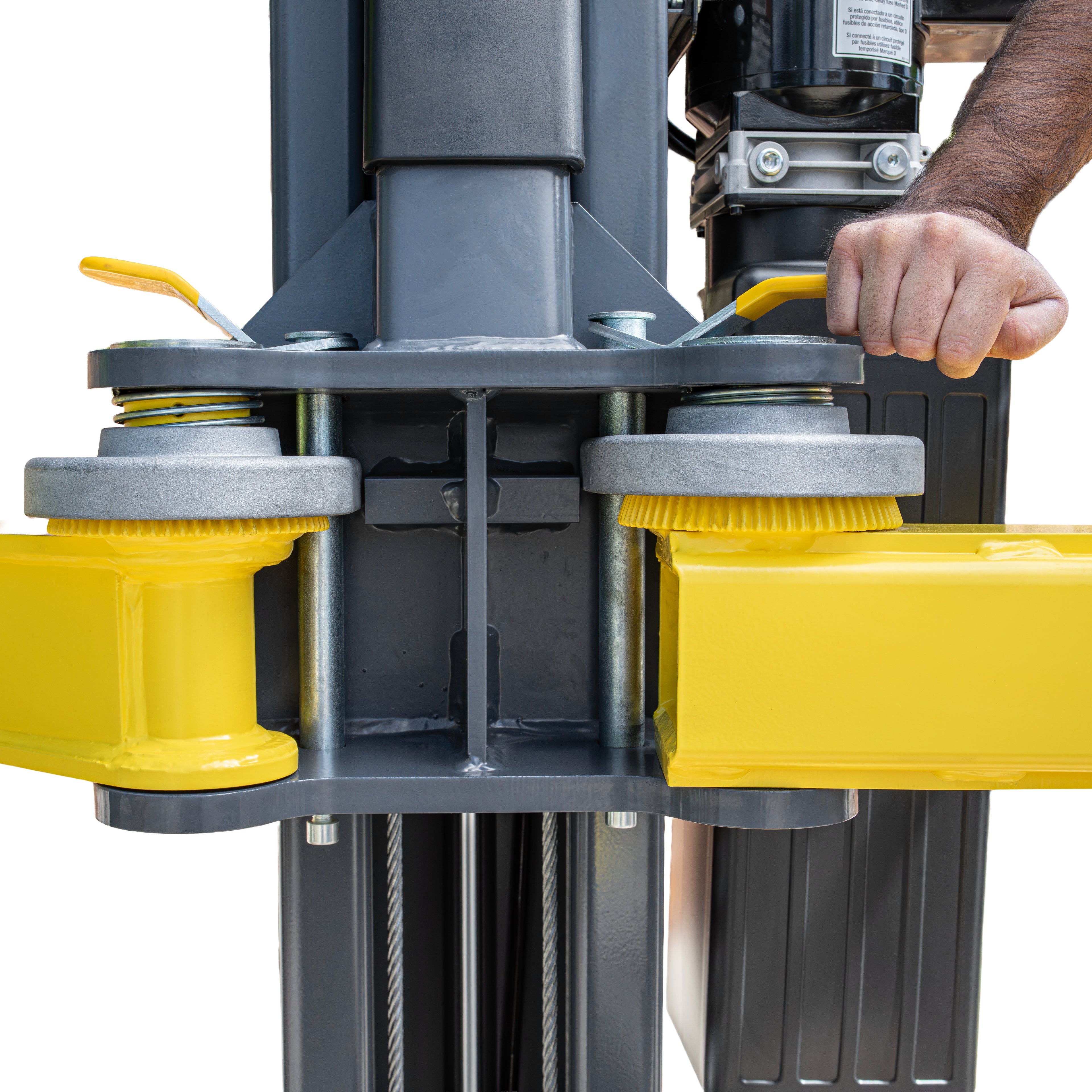 BendPak 10AP Series two-post lift automatic swing arm restraint system with 360-degree locking.