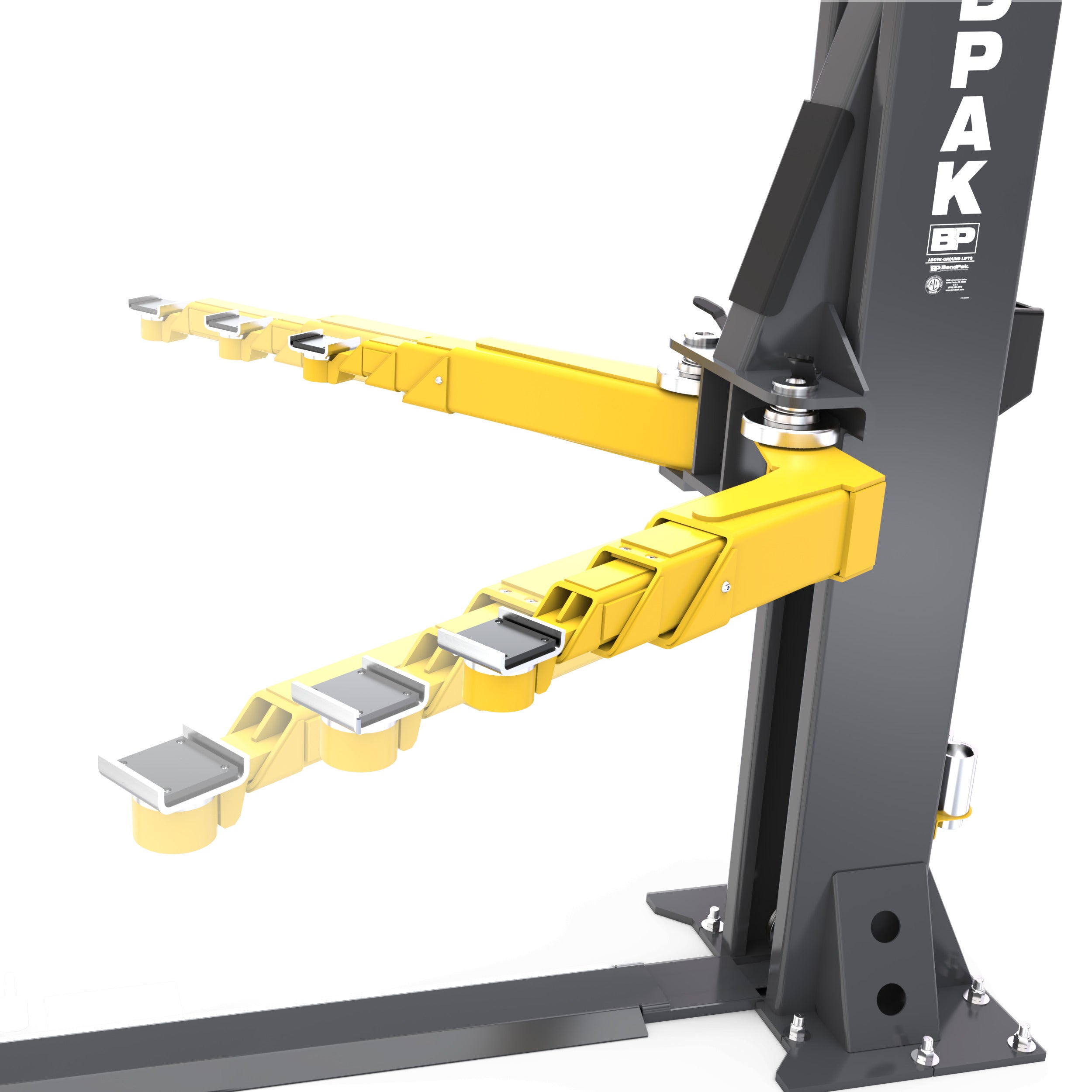 Triple-telescoping lifting arms and low-profile floorplate on BendPak 12AP-SRT and 10AP-SRT two-post lifts.