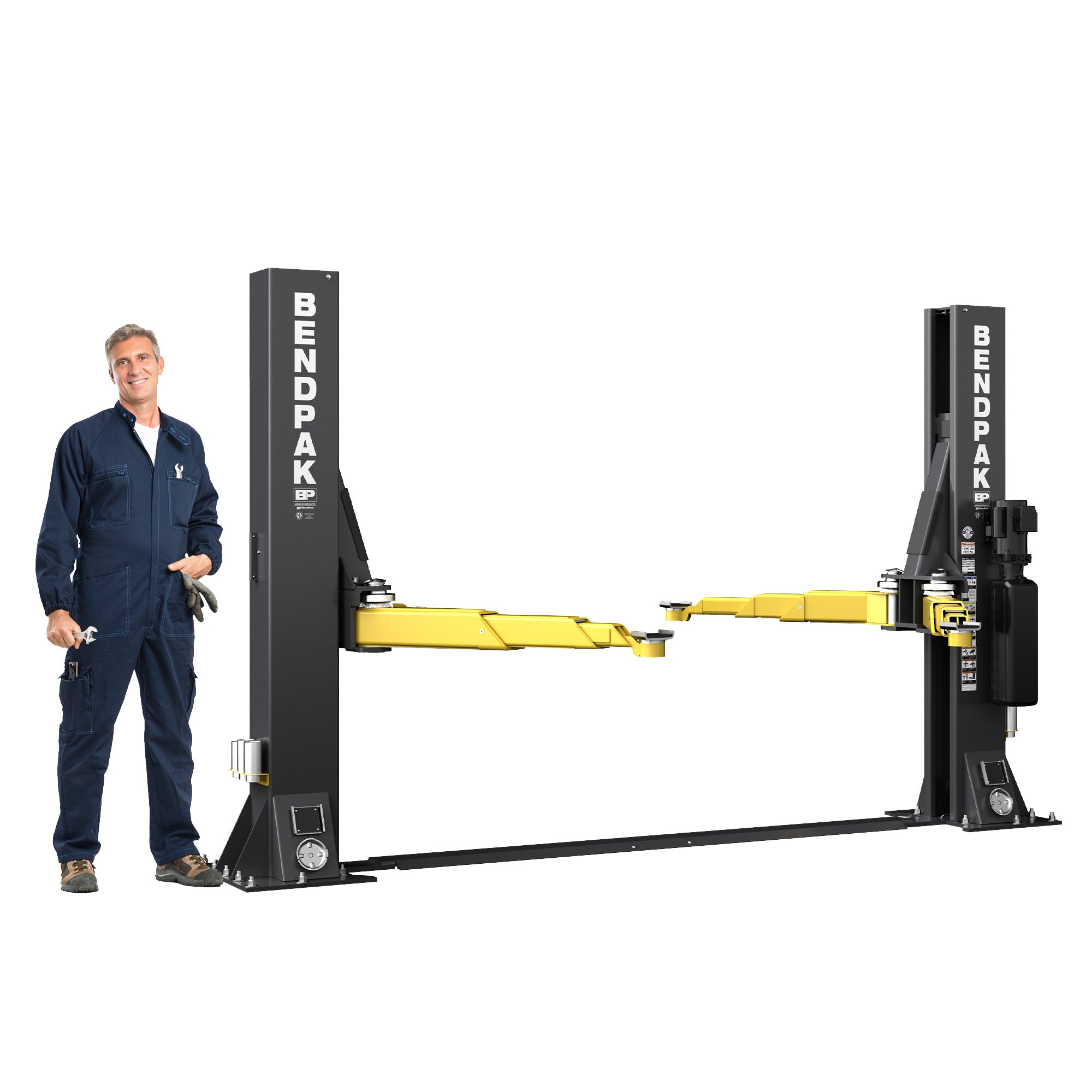 BendPak 10AP-SRT mid-rise floorplate two-post lift with a 10,000-lb. capacity and open-top design size reference operator next to lift.