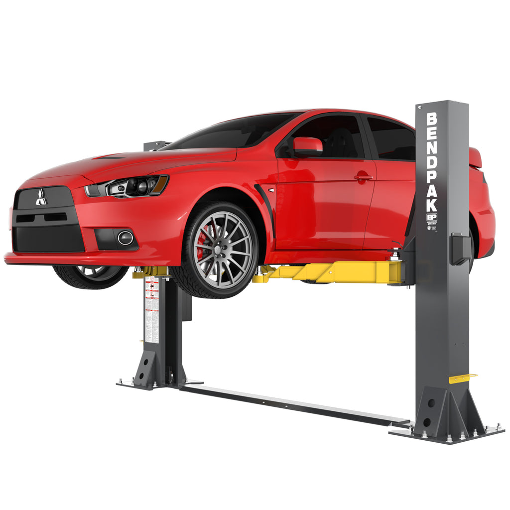 BendPak 10AP-SRT two-post car lift shown with mid-rise columns and floor plate