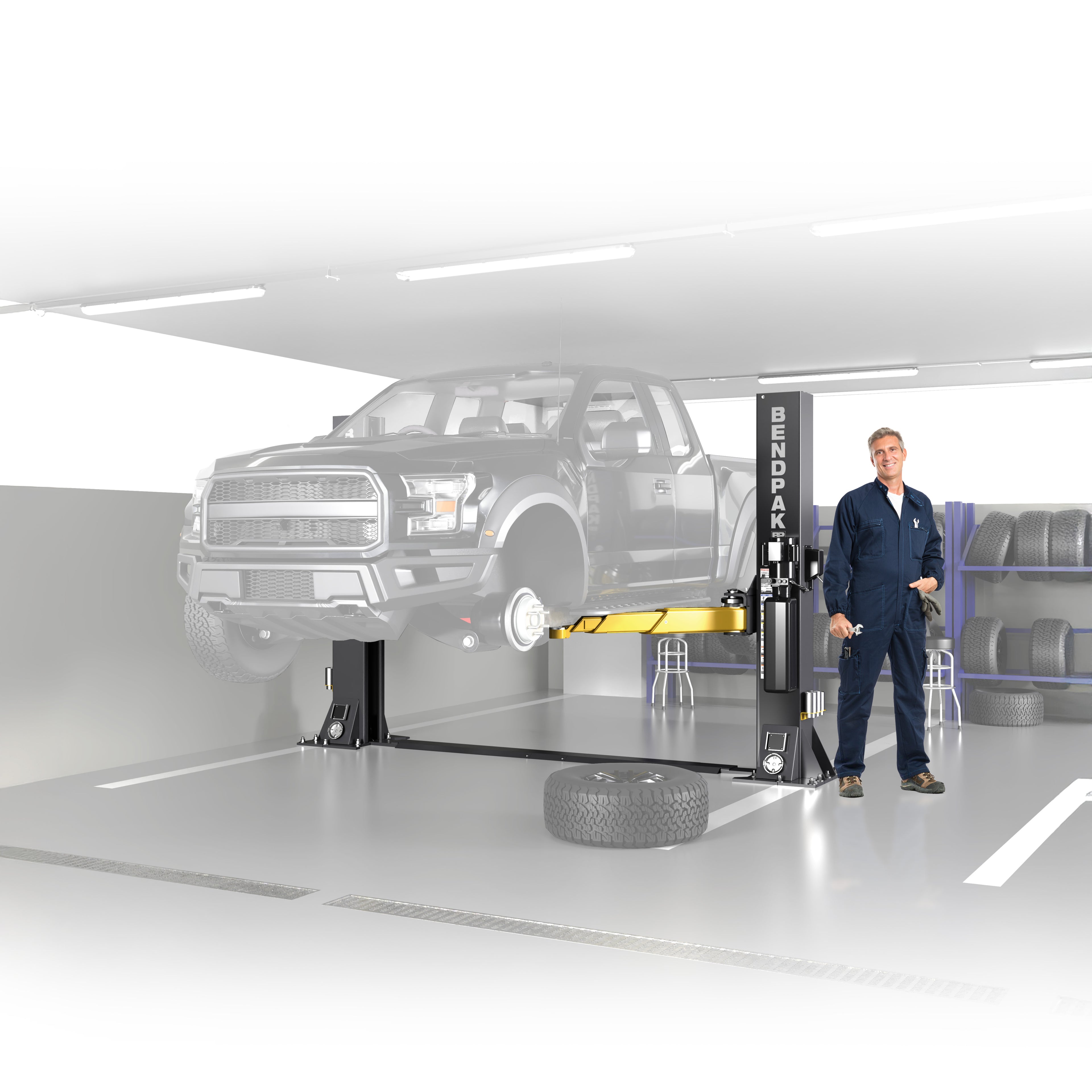 BendPak 12AP-SRT short-rise two-post lift for tire shop vehicle service.