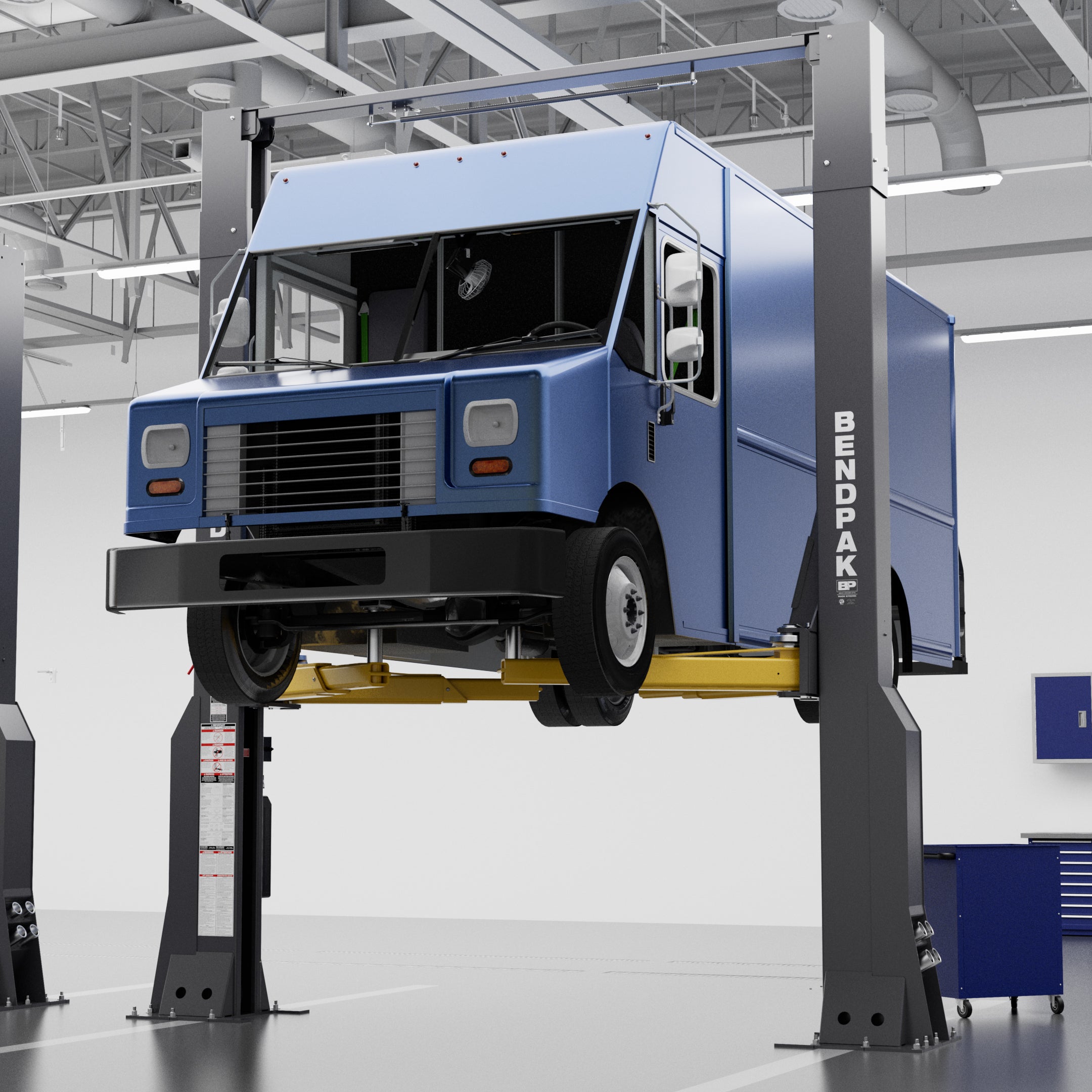 BendPak 16AP-192 extra-tall two-post lift installed in a professional mechanic shop.