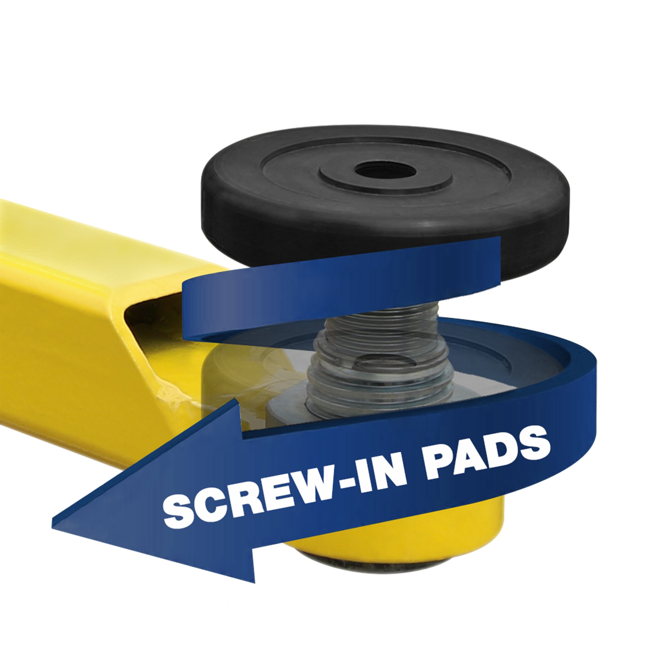 BendPak 60 mm pin screw pad assembly shown in motion for lift pad adjustment