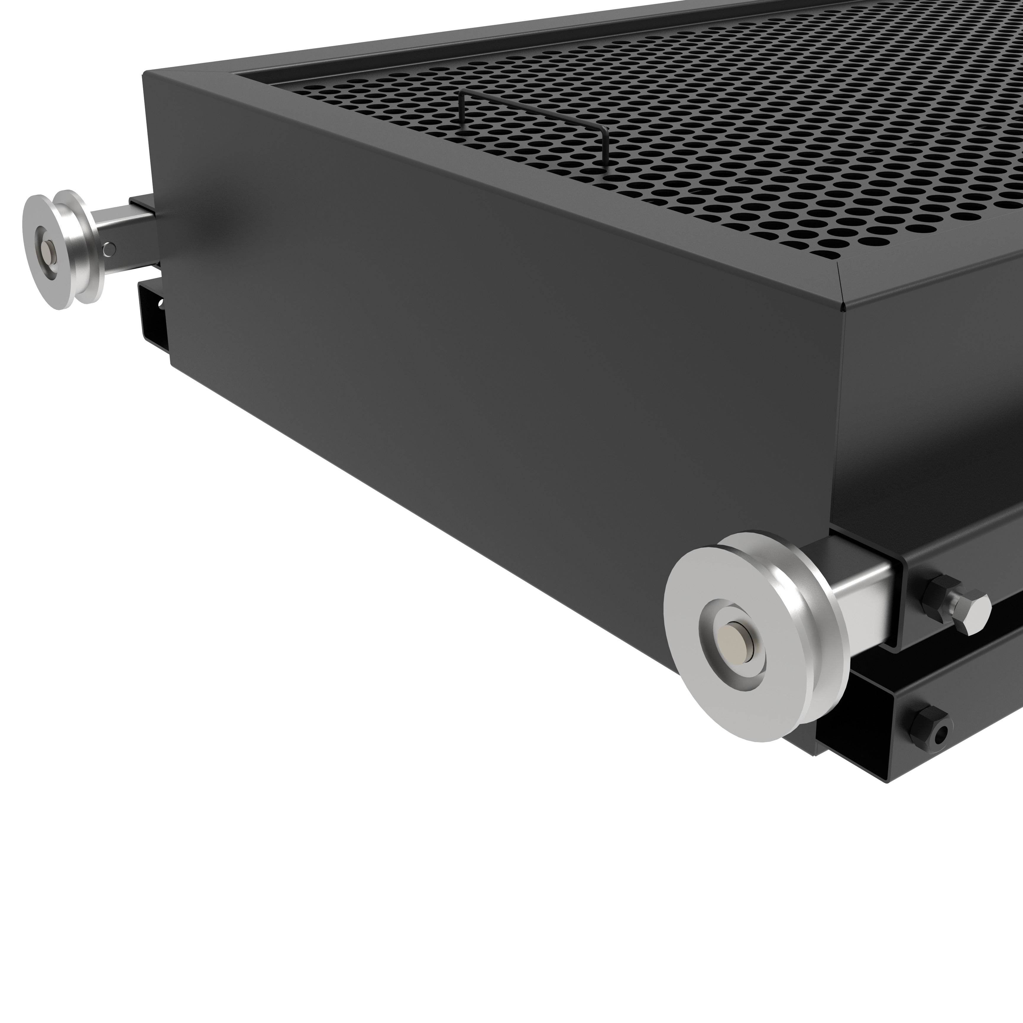 Rail-mounted rollers on a BendPak DP-30 oil drain pan allow smooth positioning along four-post lift runways.