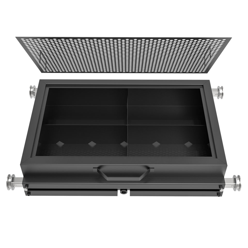 High-capacity storage tank on a BendPak DP-30 rolling oil drain pan for collecting used automotive fluids.
