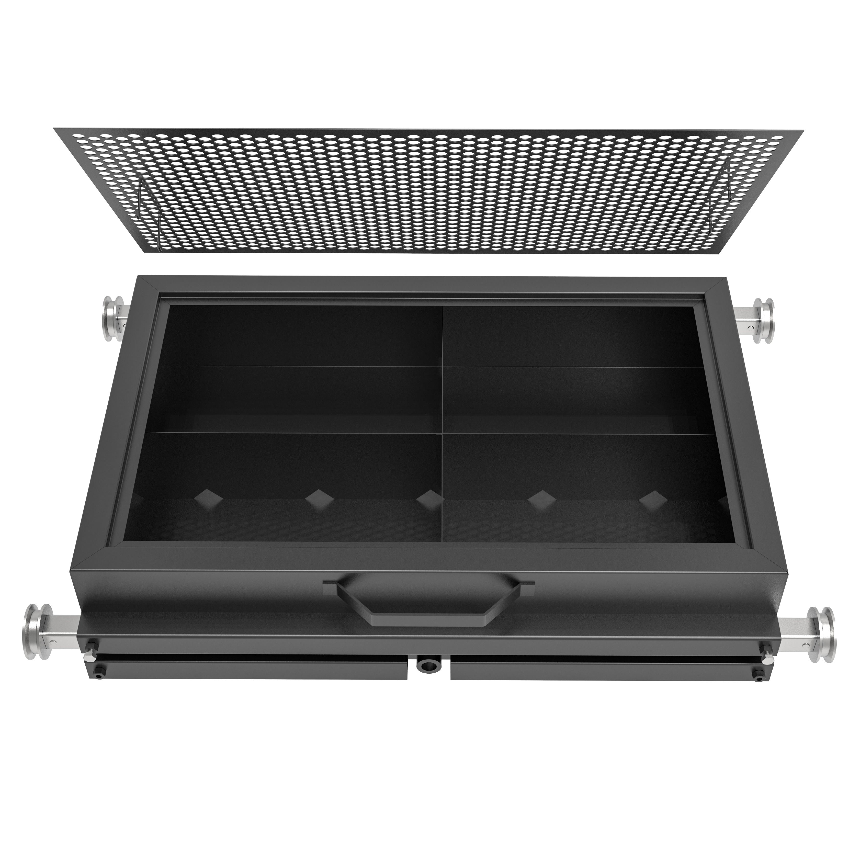High-capacity storage tank on a BendPak DP-30 rolling oil drain pan for collecting used automotive fluids.
