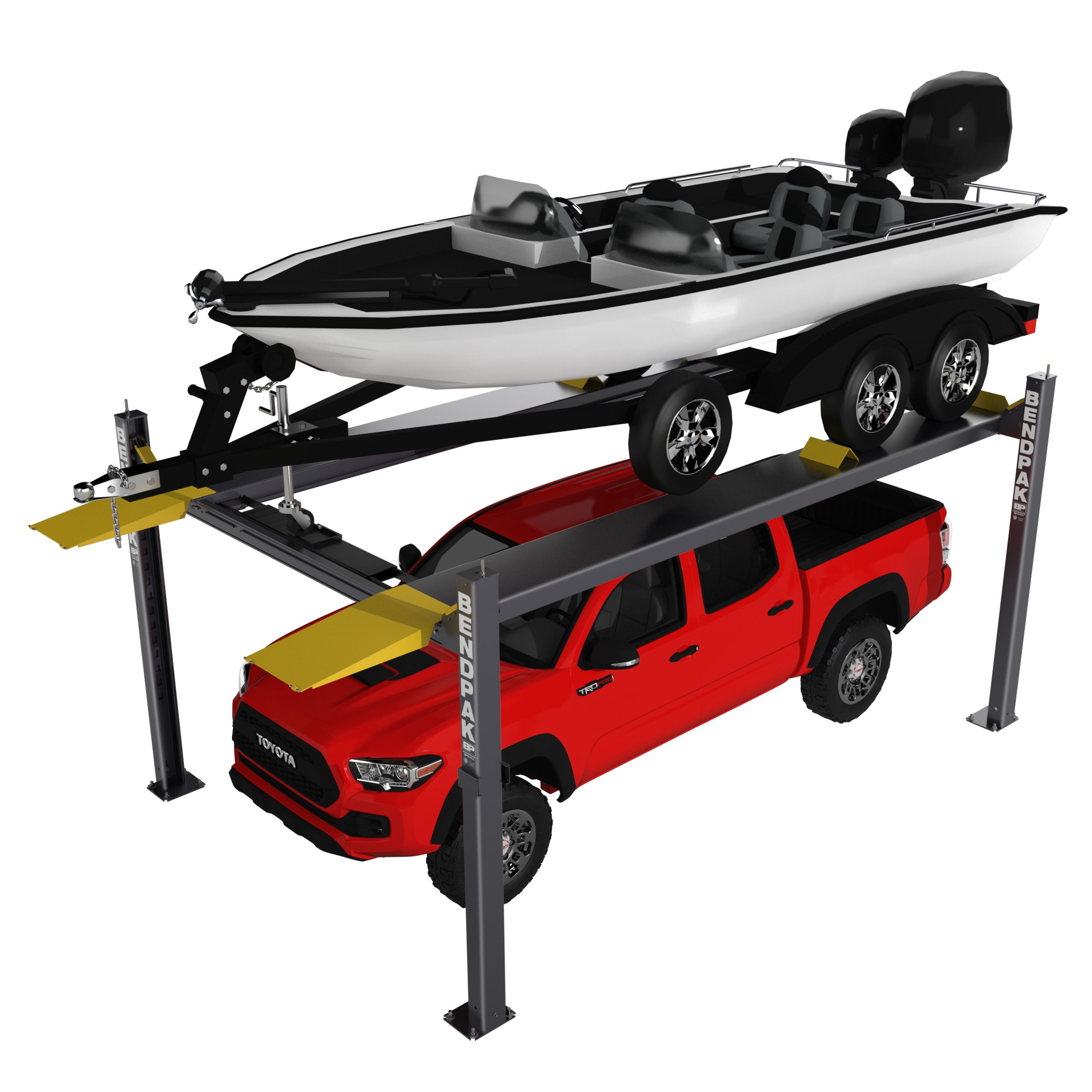 BendPak HD-7500BLX 7,500-lb. four-post parking lift for boat and vehicle storage.