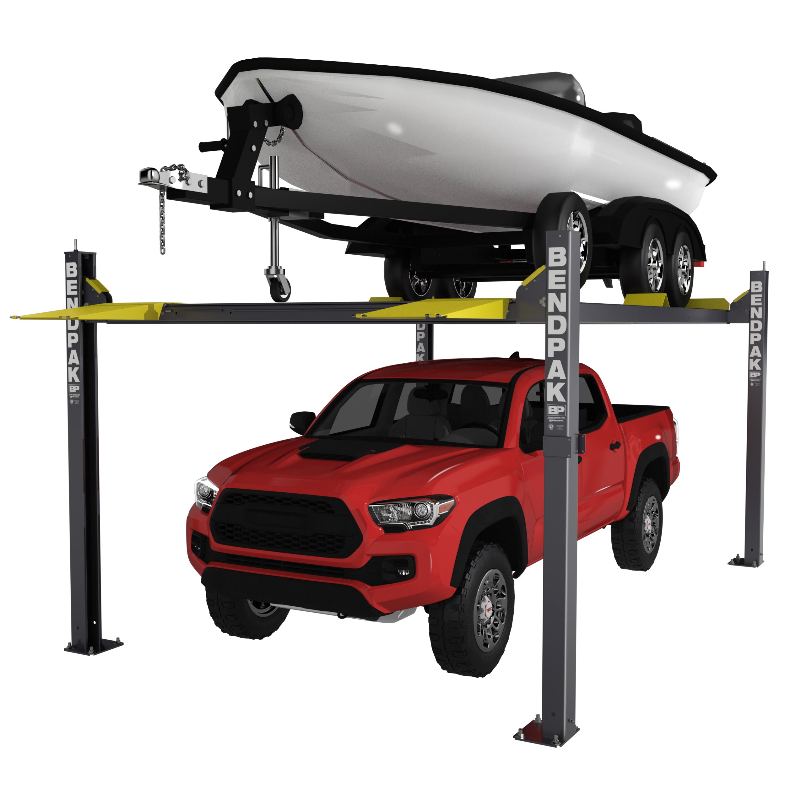 BendPak HD-7500BLX four-post storage lift built for boats, trailers, and vehicles.