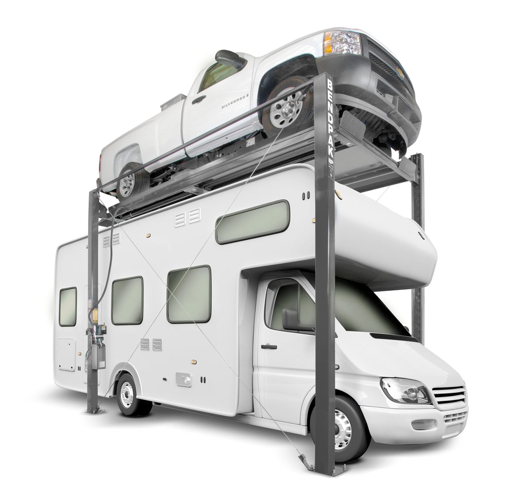 BendPak HD-7PXW four-post parking lift designed for wider vehicles and garage storage.