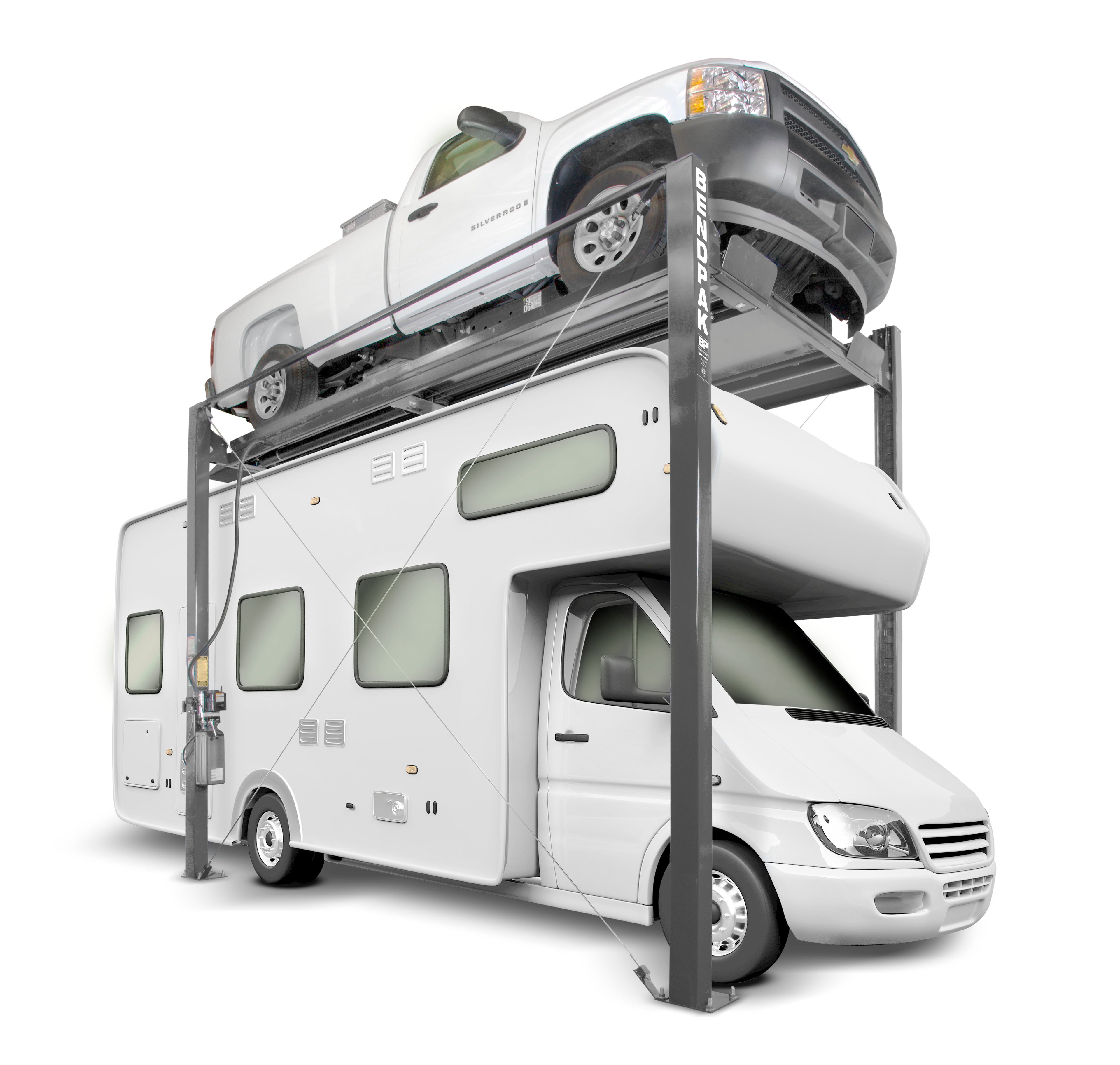 BendPak HD-7PXW four-post parking lift designed for wider vehicles and garage storage.