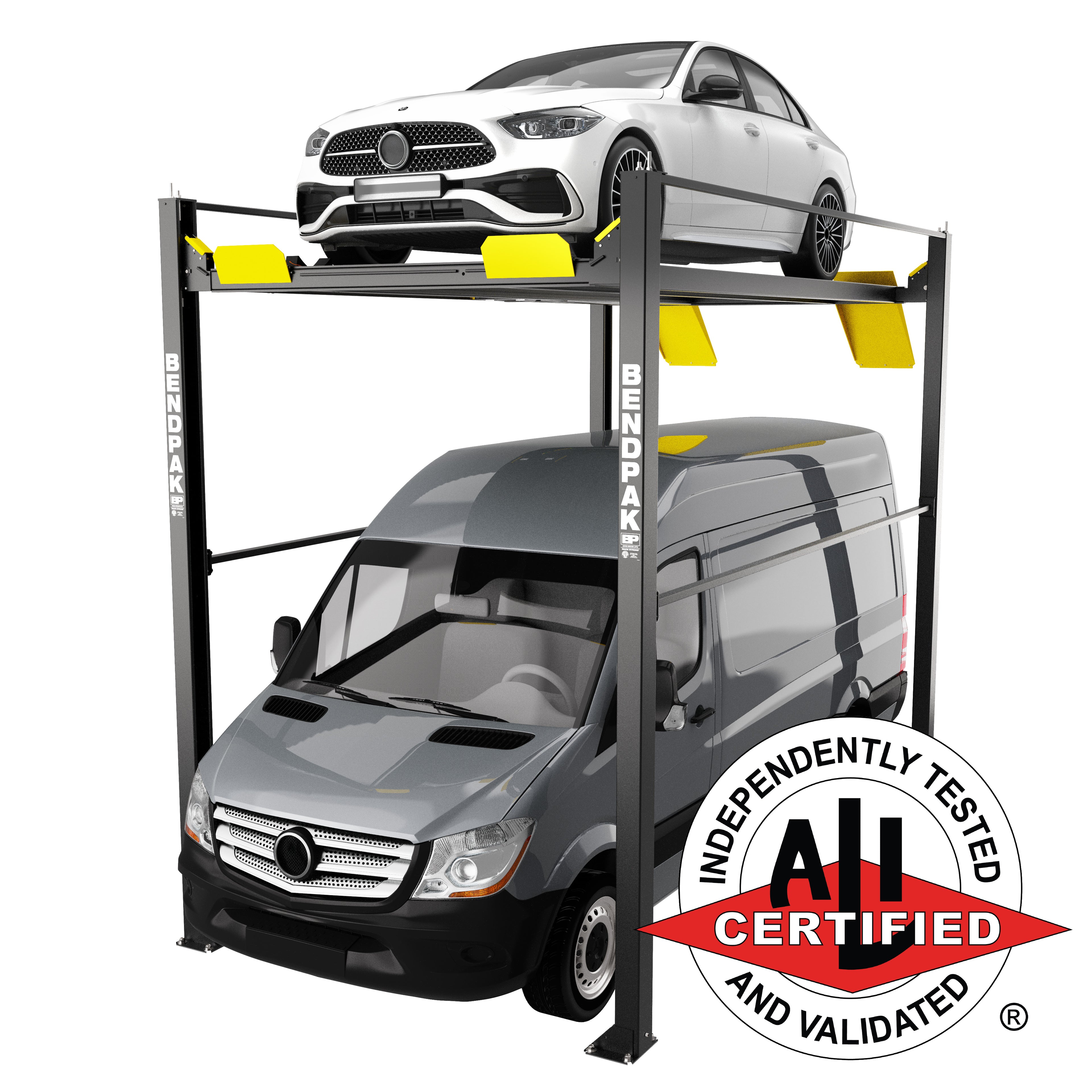 BendPak HD-7PXW ALI Certified super-tall four-post lift with extra-wide design.