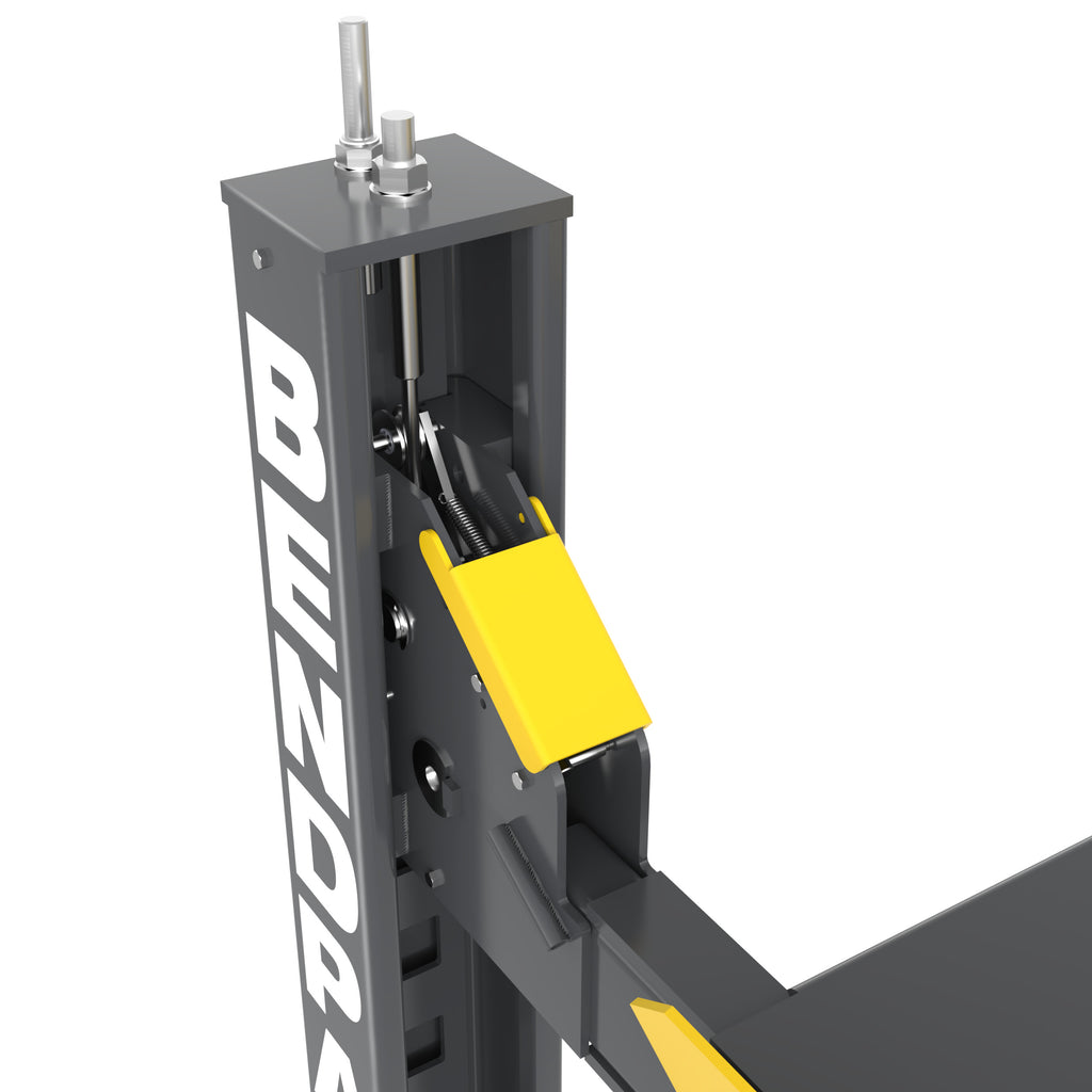 BendPak HD-9EWT crosstube gusset detail for extra-wide tall two-post lift strength.