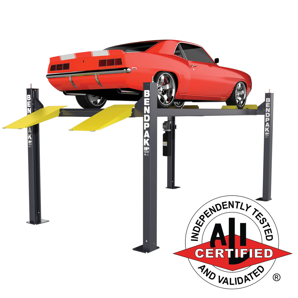 BendPak HD-9ST narrow-width four-post lift built for space-saving vehicle storage.