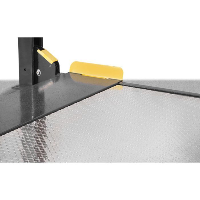 BendPak HD-9SW super-wide four-post lift construction detail for vehicle storage.