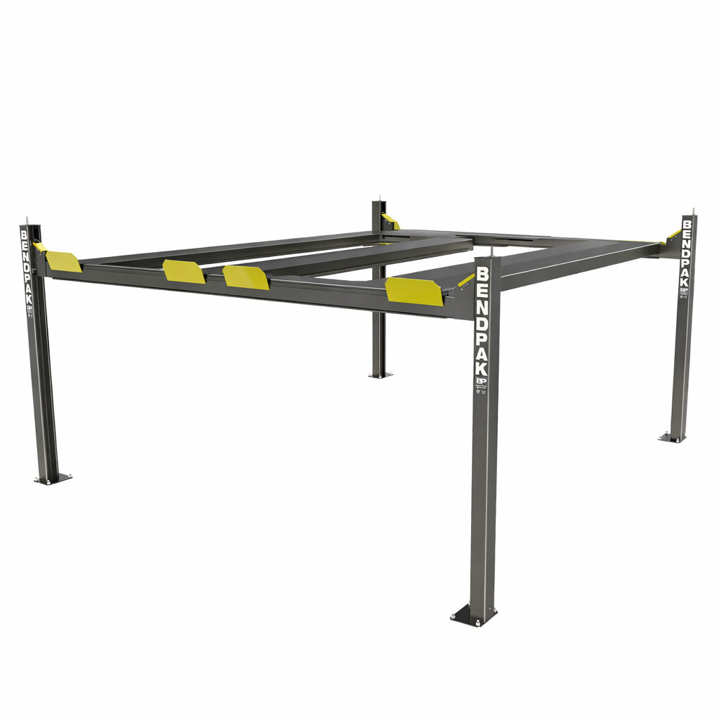 BendPak HD-9SWX extended super-wide four-post lift with dual platforms for extra vehicle storage.