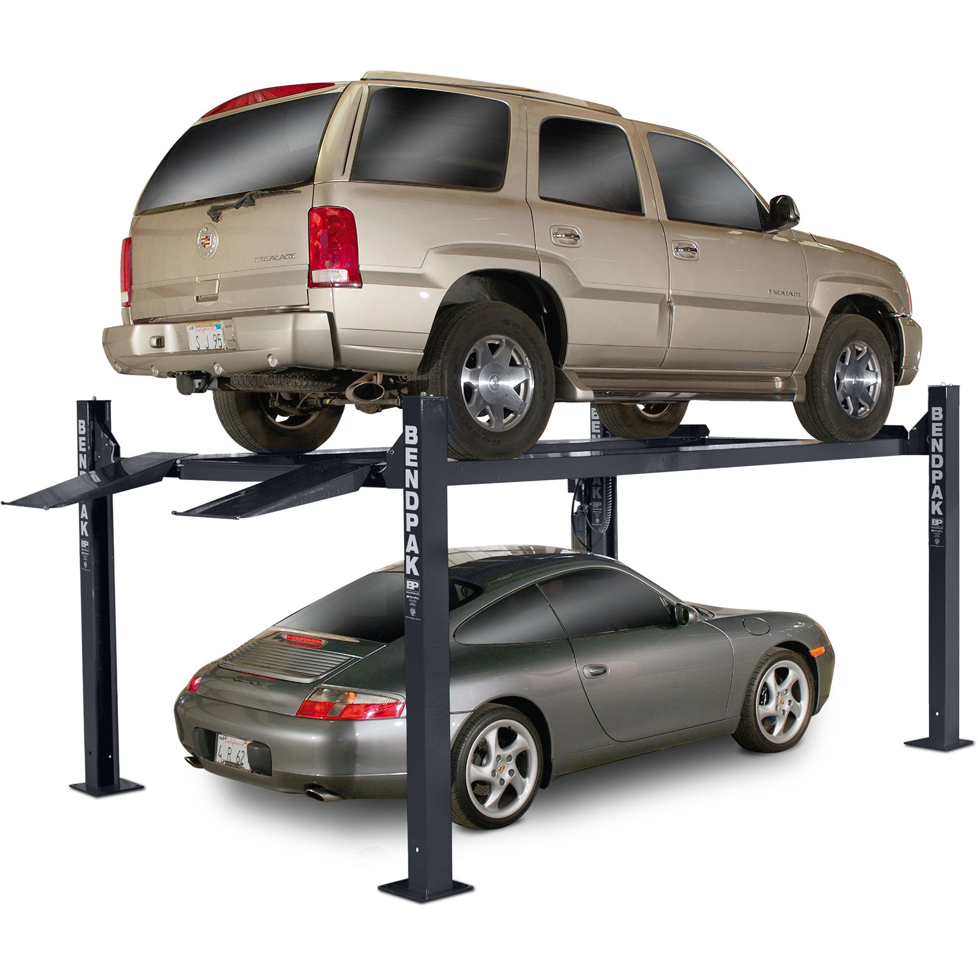 BendPak HD-9XL extended-length four-post car lift for vehicle storage and service.