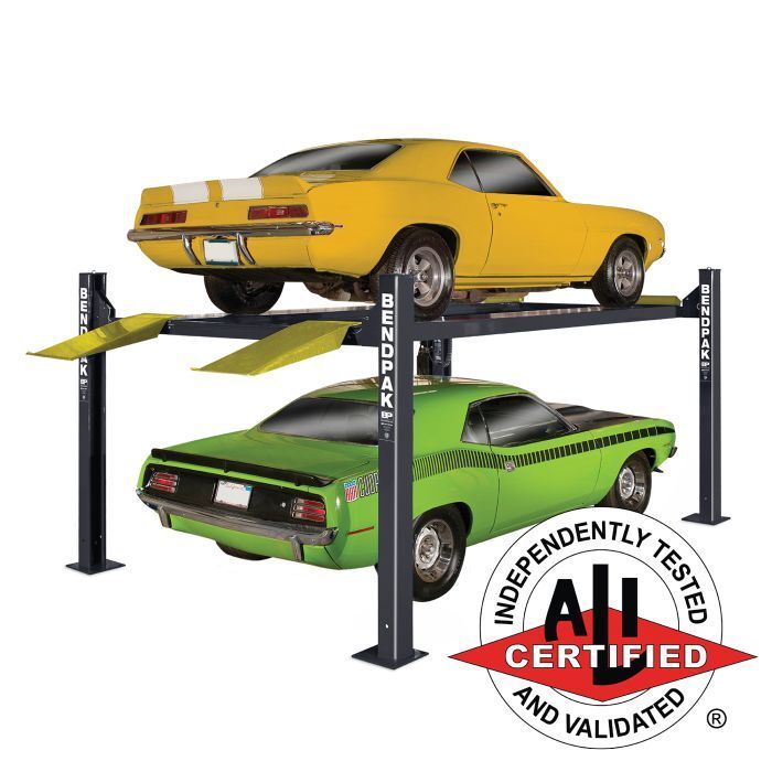 BendPak HD-9XL extended-length four-post lift with 9,000-lb. capacity for longer vehicles.