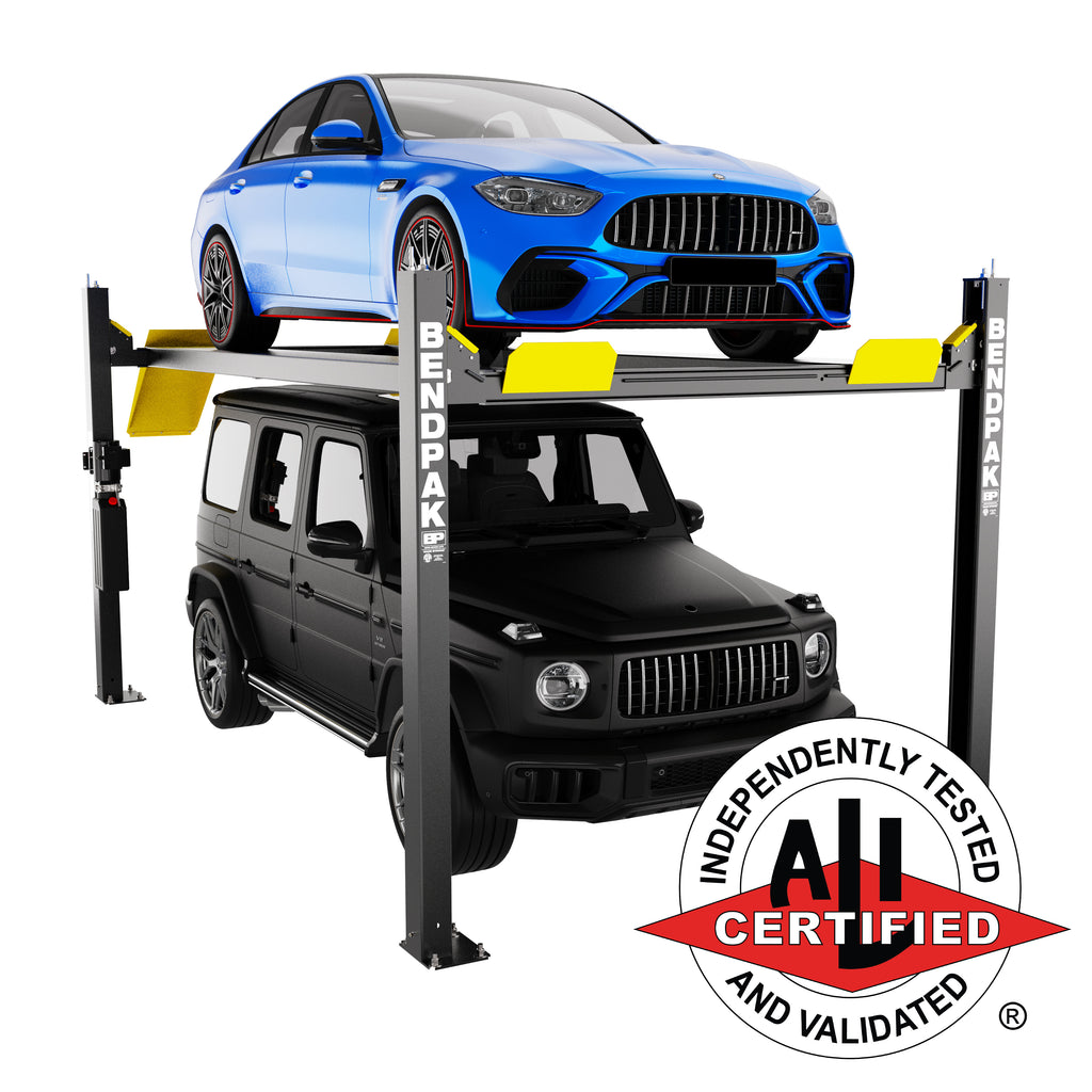 BendPak HD-9XW ALI Certified four-post lift with tall posts and extra-wide clearance.