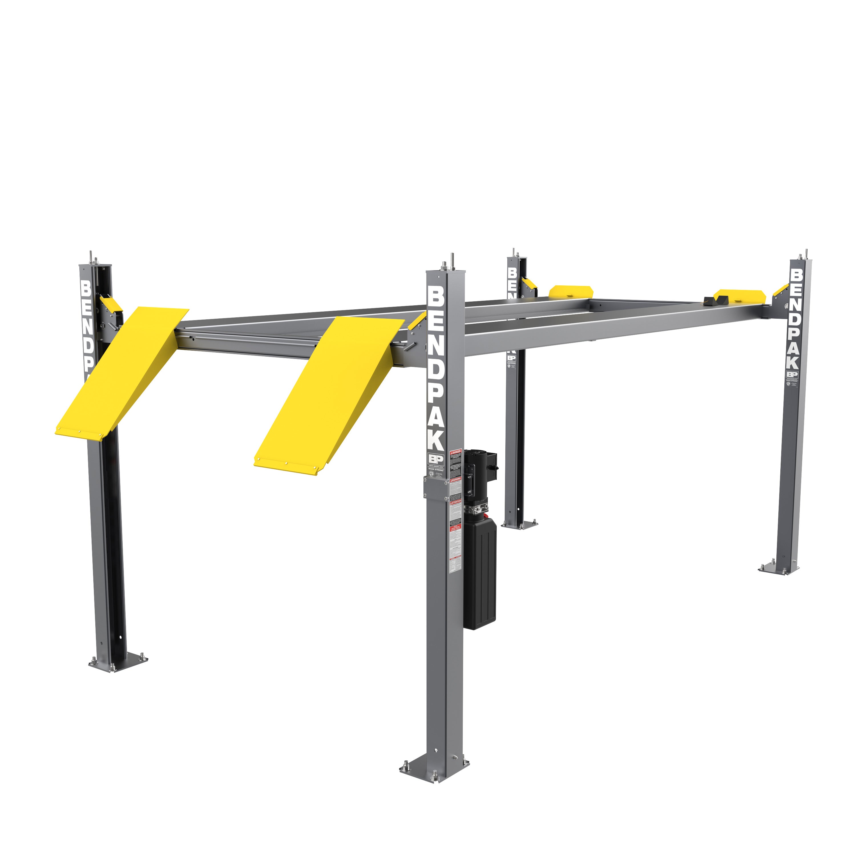 BendPak HD-9XW tall-post four-post car storage lift with extended-height columns and drive-up approach ramps for vehicle parking and storage.