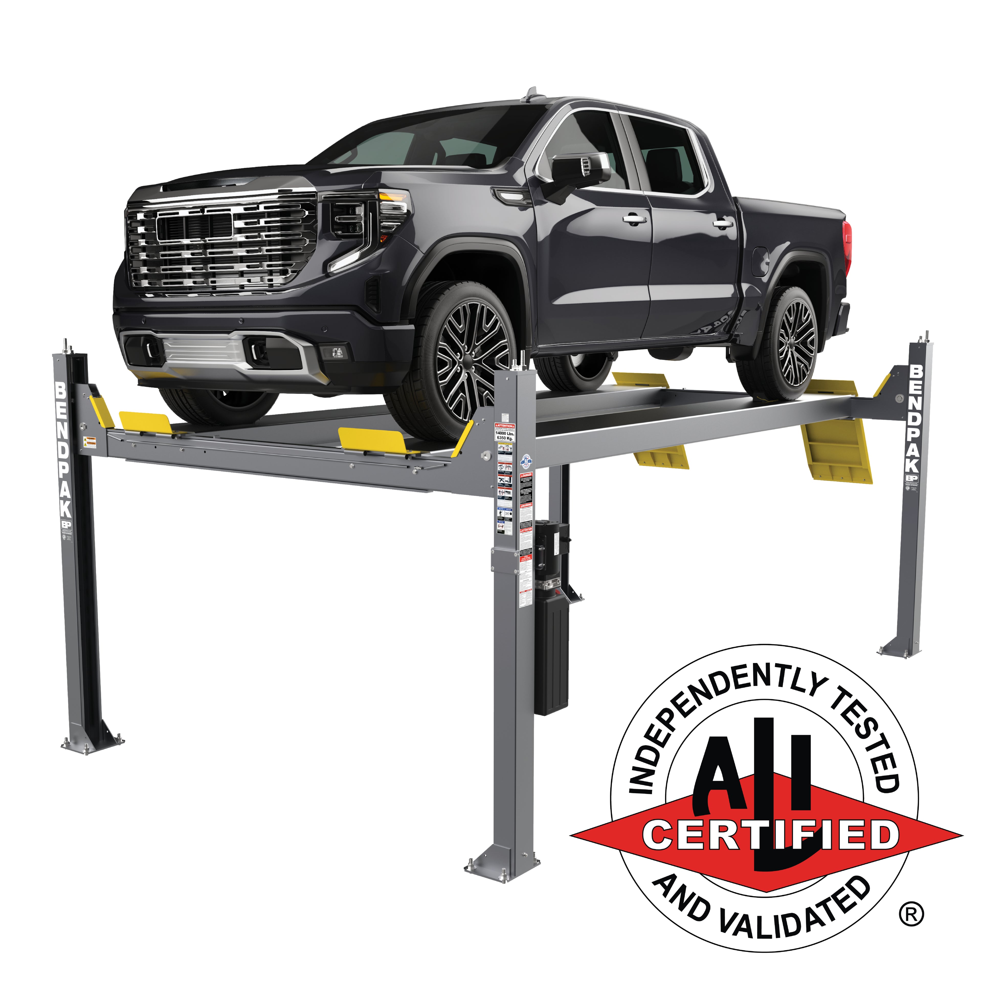 BendPak HDS-14 ALI Certified 14,000-lb. four-post lift for heavy-duty vehicle service.