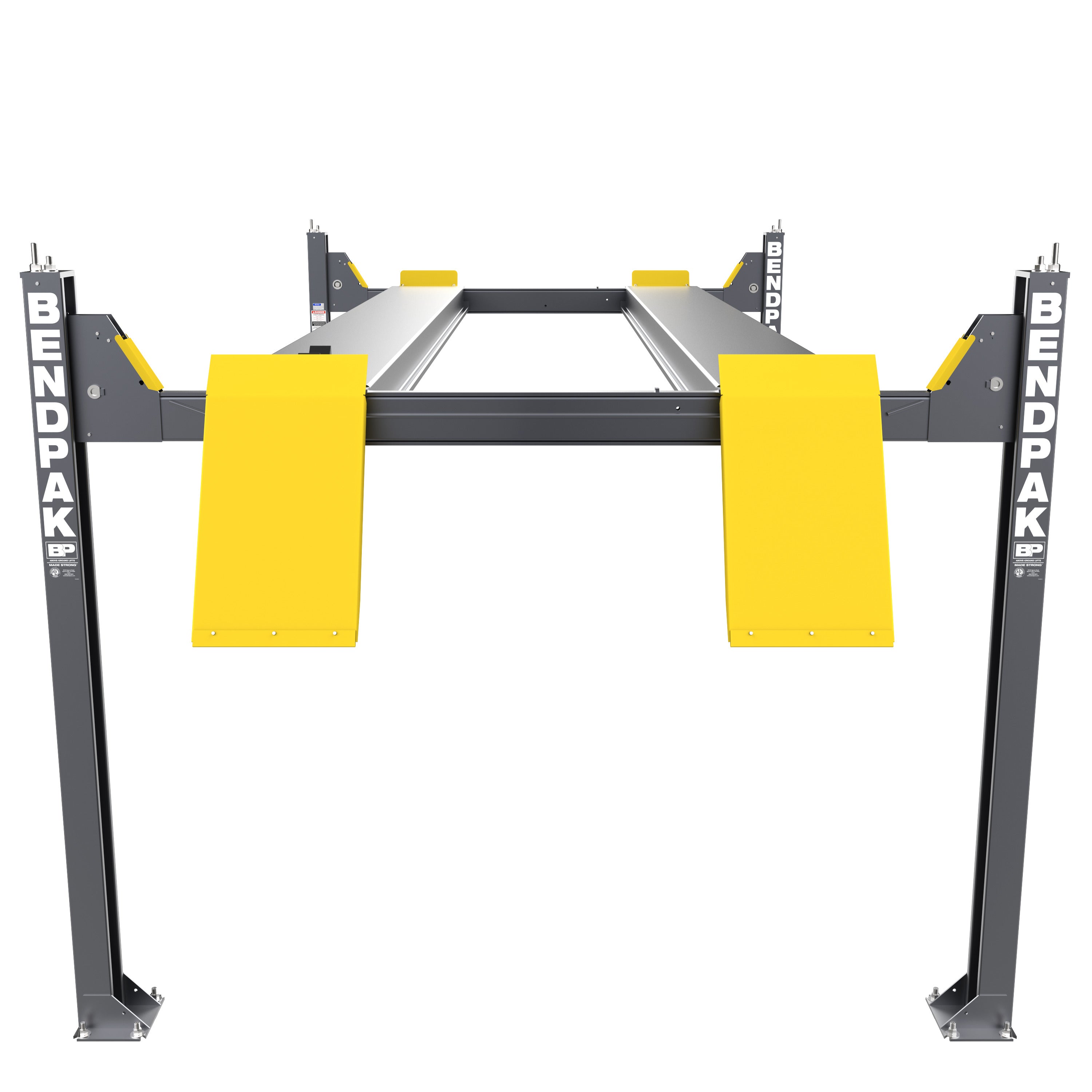 BendPak HDS-14XT extended-length four-post lift with 14,000-lb. capacity.