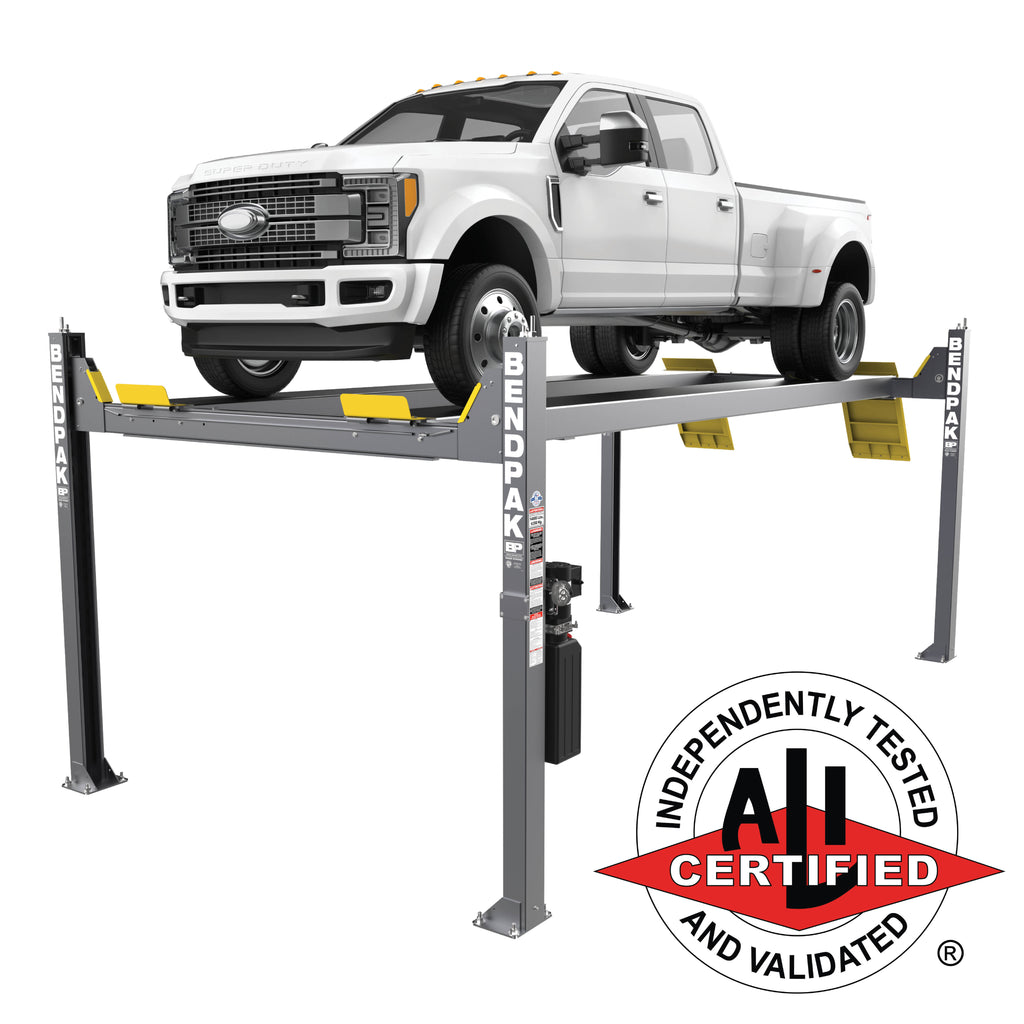 BendPak HDS-14XT ALI Certified extended-runway four-post lift for long-wheelbase vehicles.