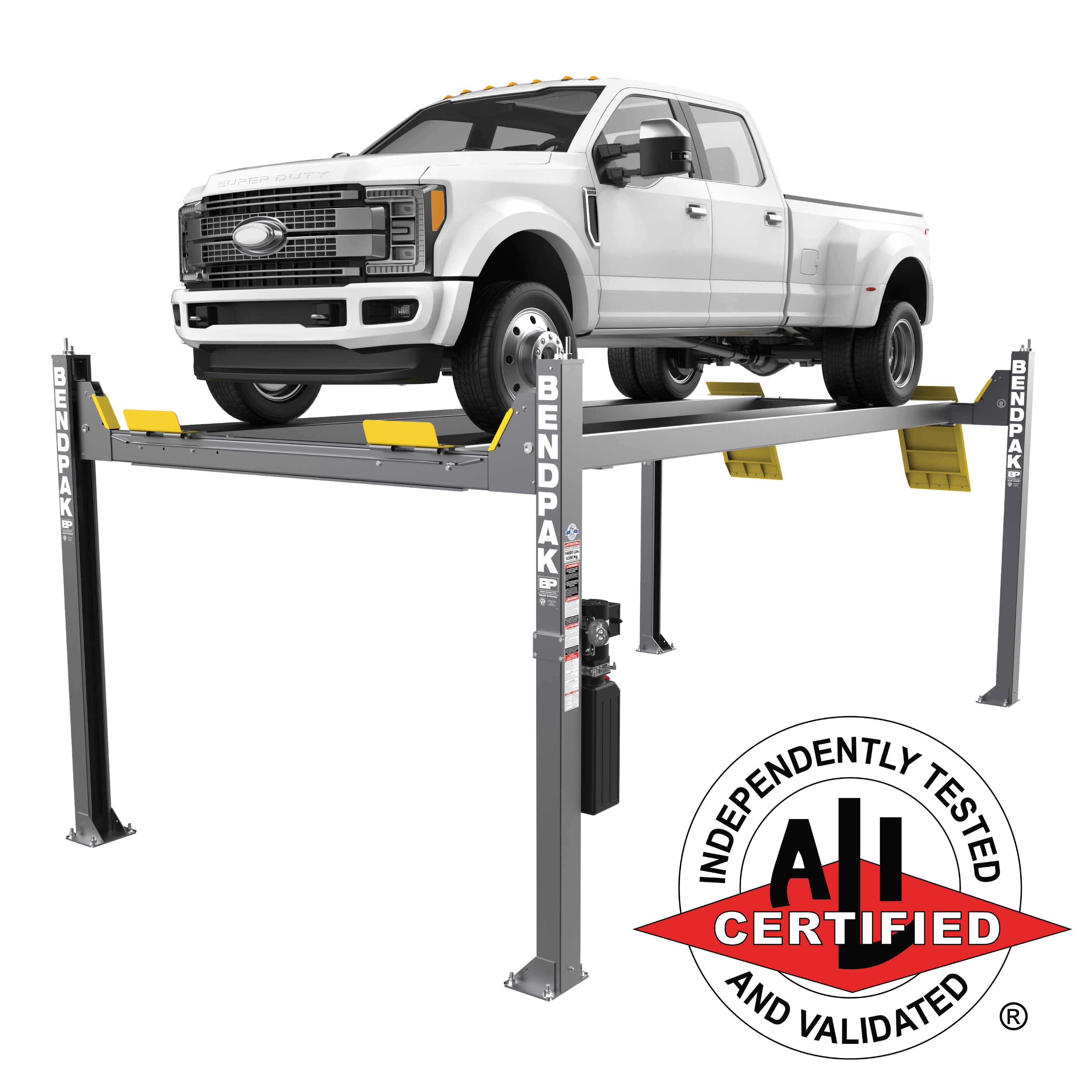 BendPak HDS-14XT ALI Certified extended-runway four-post lift for long-wheelbase vehicles.