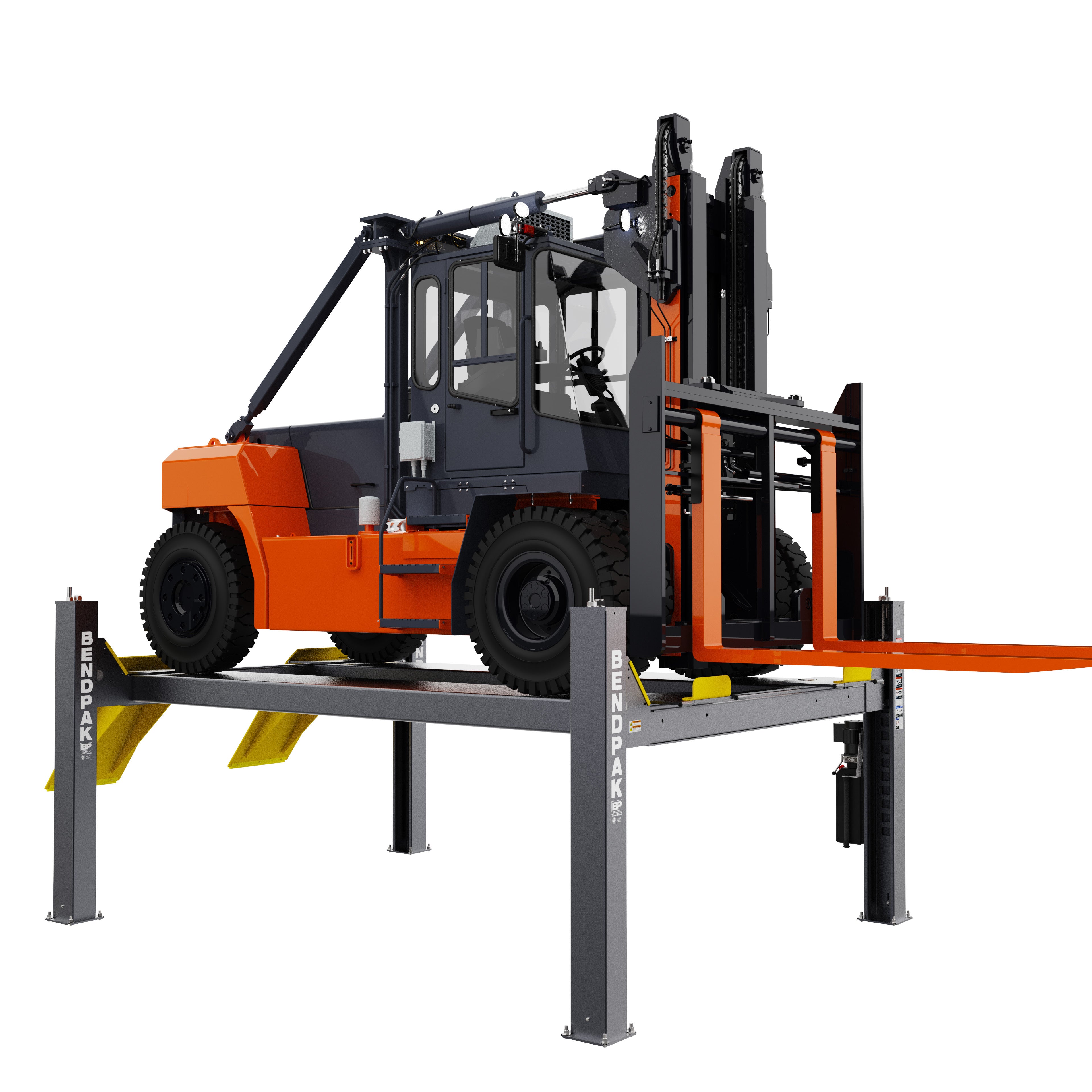 BendPak HDS-40FL forklift four-post lift built for heavy-duty equipment service.