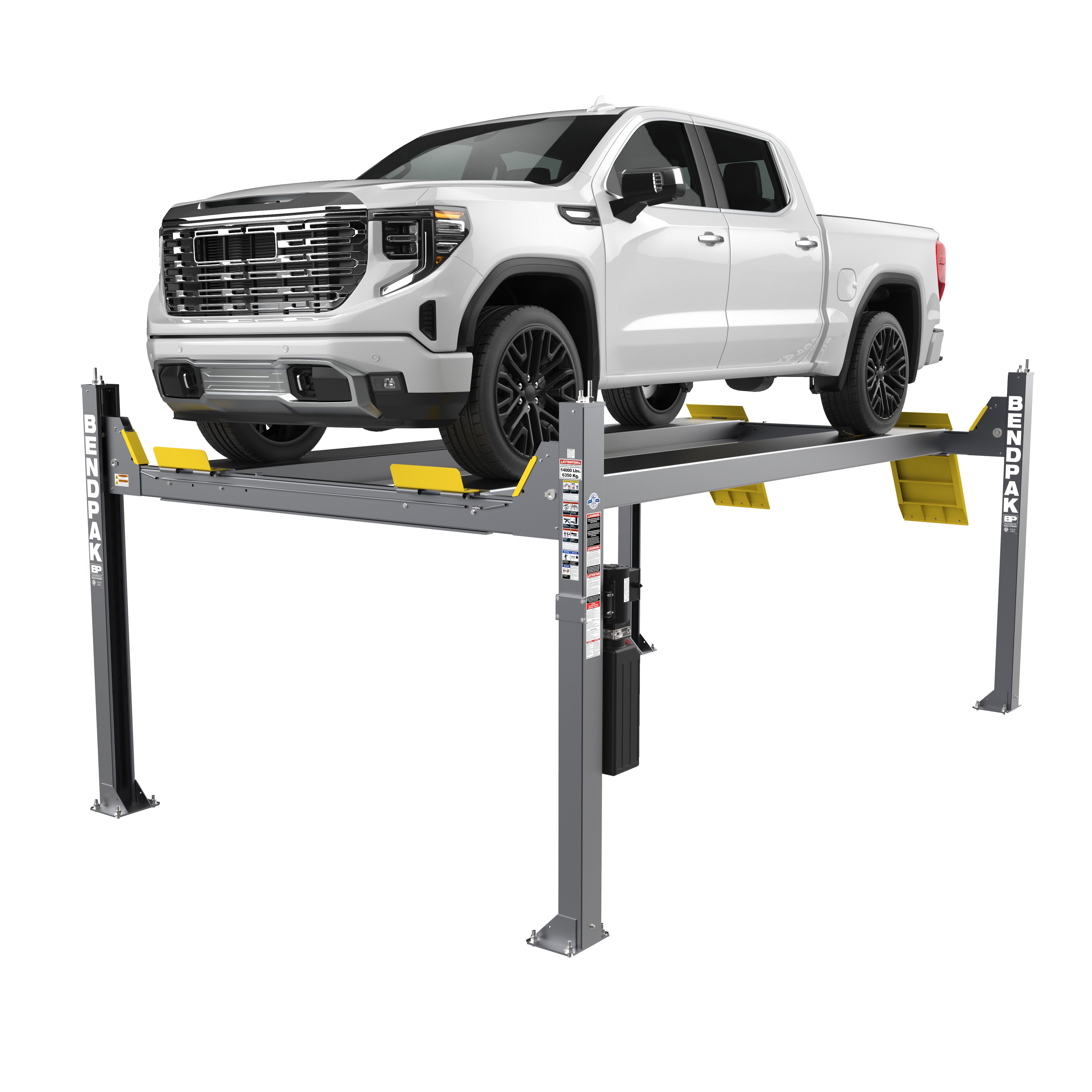 BendPak HDS-14 four-post lift supporting a white truck in a service bay.