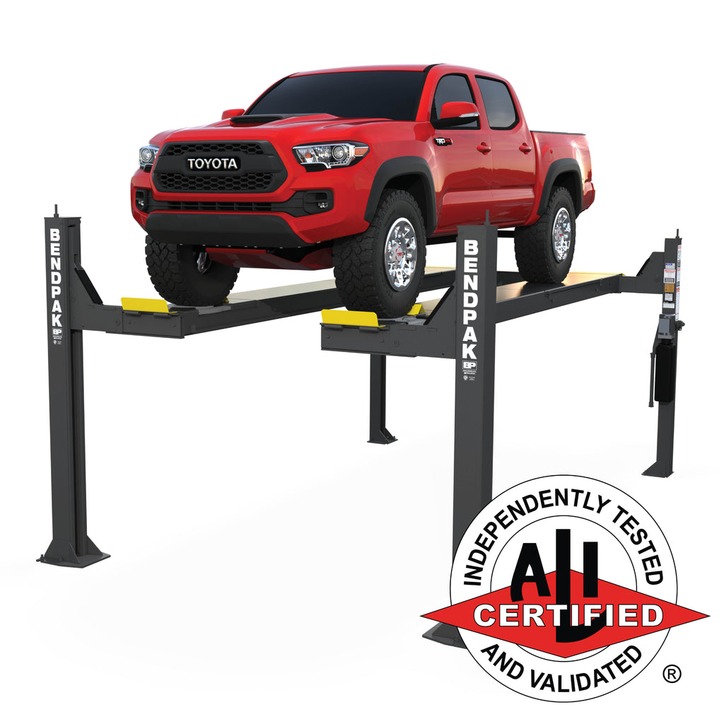 BendPak HDSO14AX ALI Certified open-front alignment lift with turnplates and slip plates.