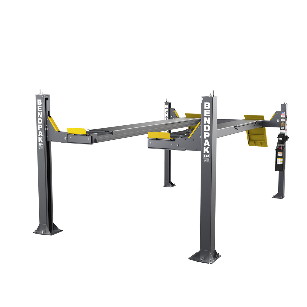 BendPak HDSO14AX open-front four-post alignment lift for precision wheel alignment service.