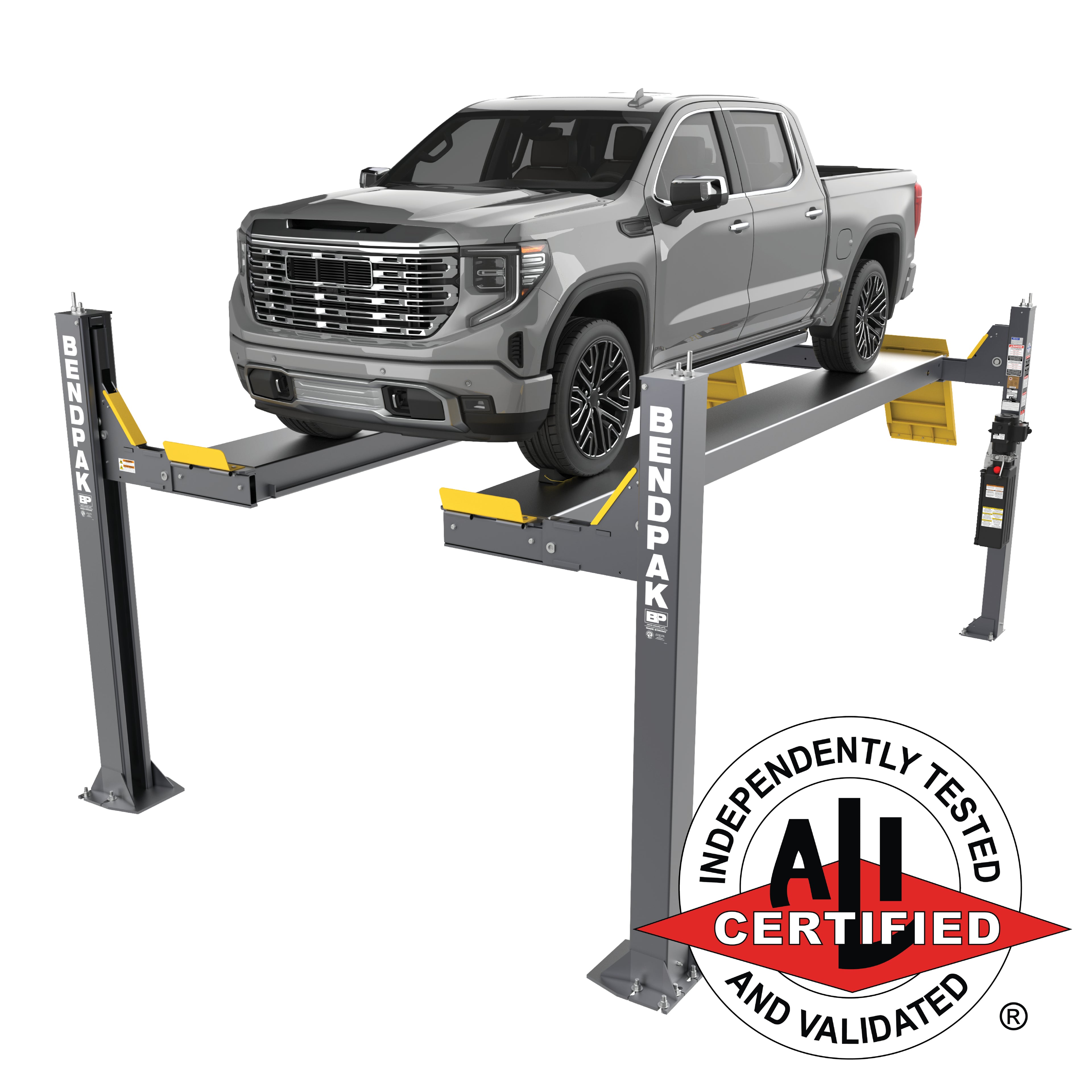 BendPak HDSO14P ALI Certified open-front four-post lift for professional alignment work.