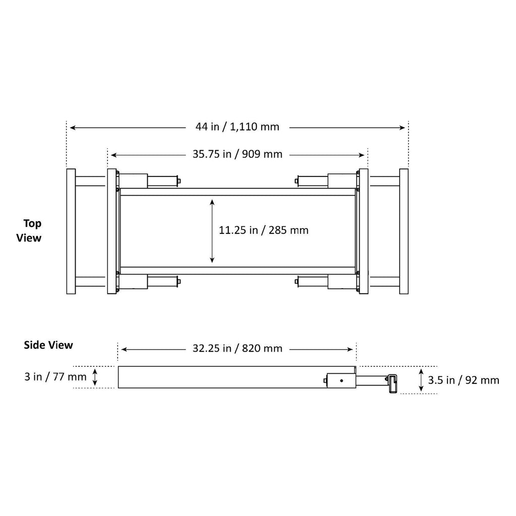 Specification diagram of the BendPak JP45 telescoping jack tray designed for four-post car lifts.