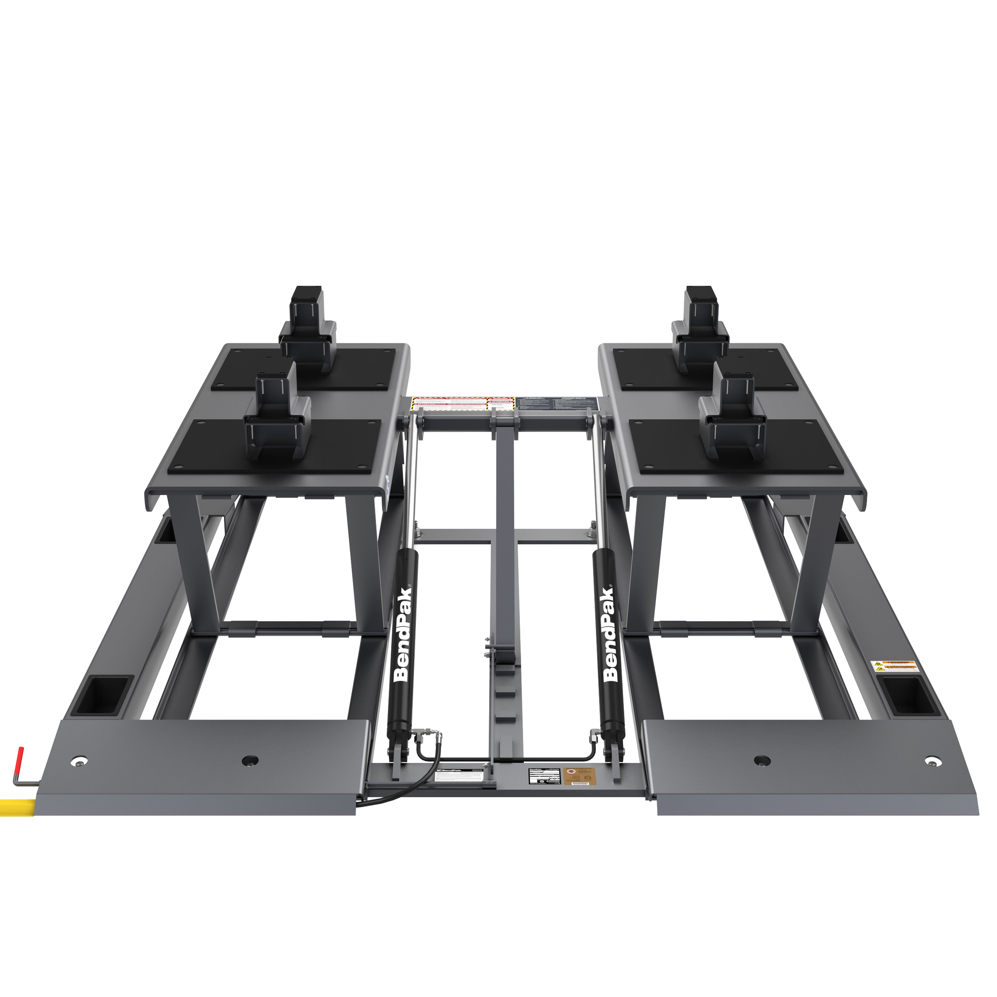 BendPak LR-10000 low-rise lift showing integrated drive-over ramps and dual hydraulic cylinders.