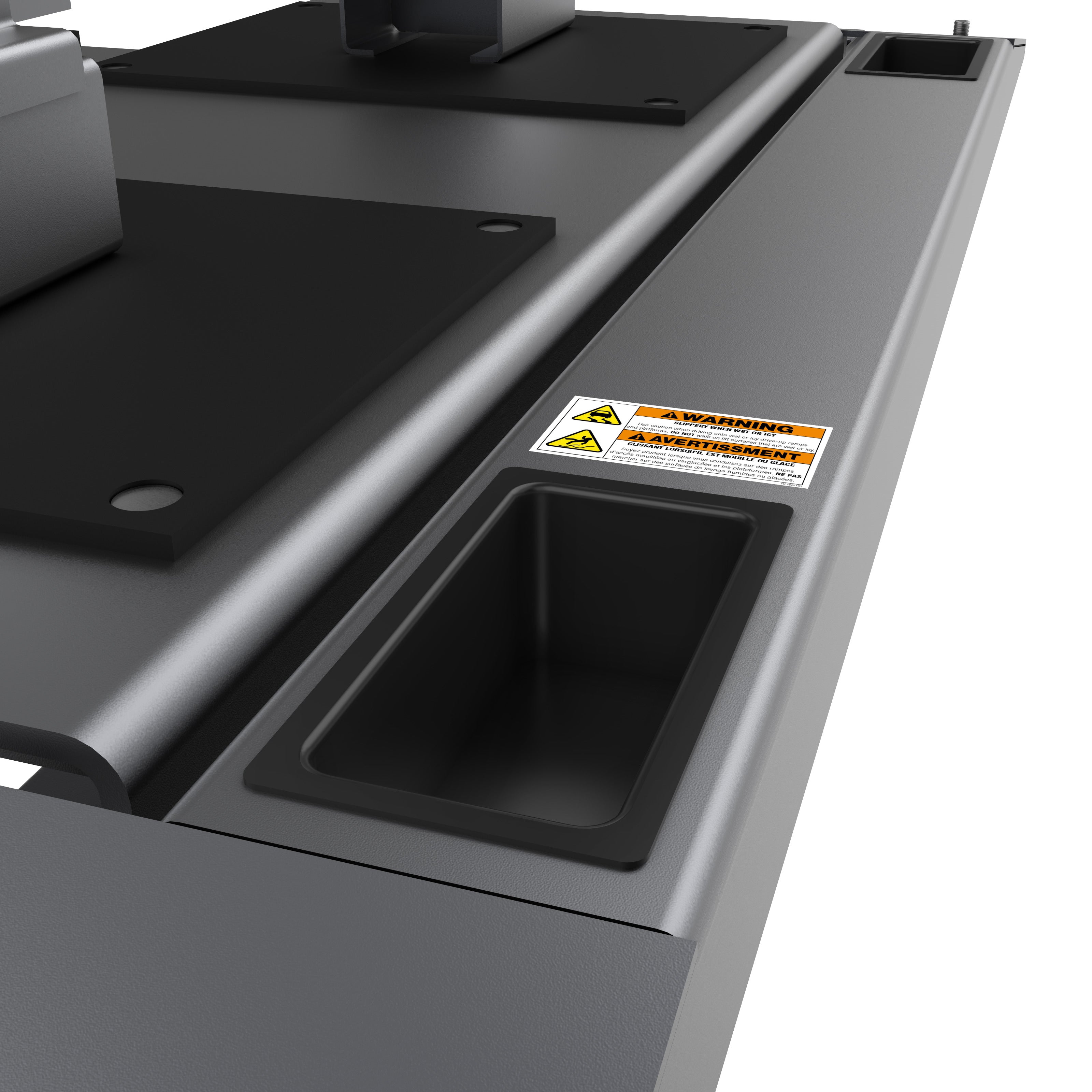 BendPak LR-10000 low-rise lift with built-in storage trays for adapters and shop tools.