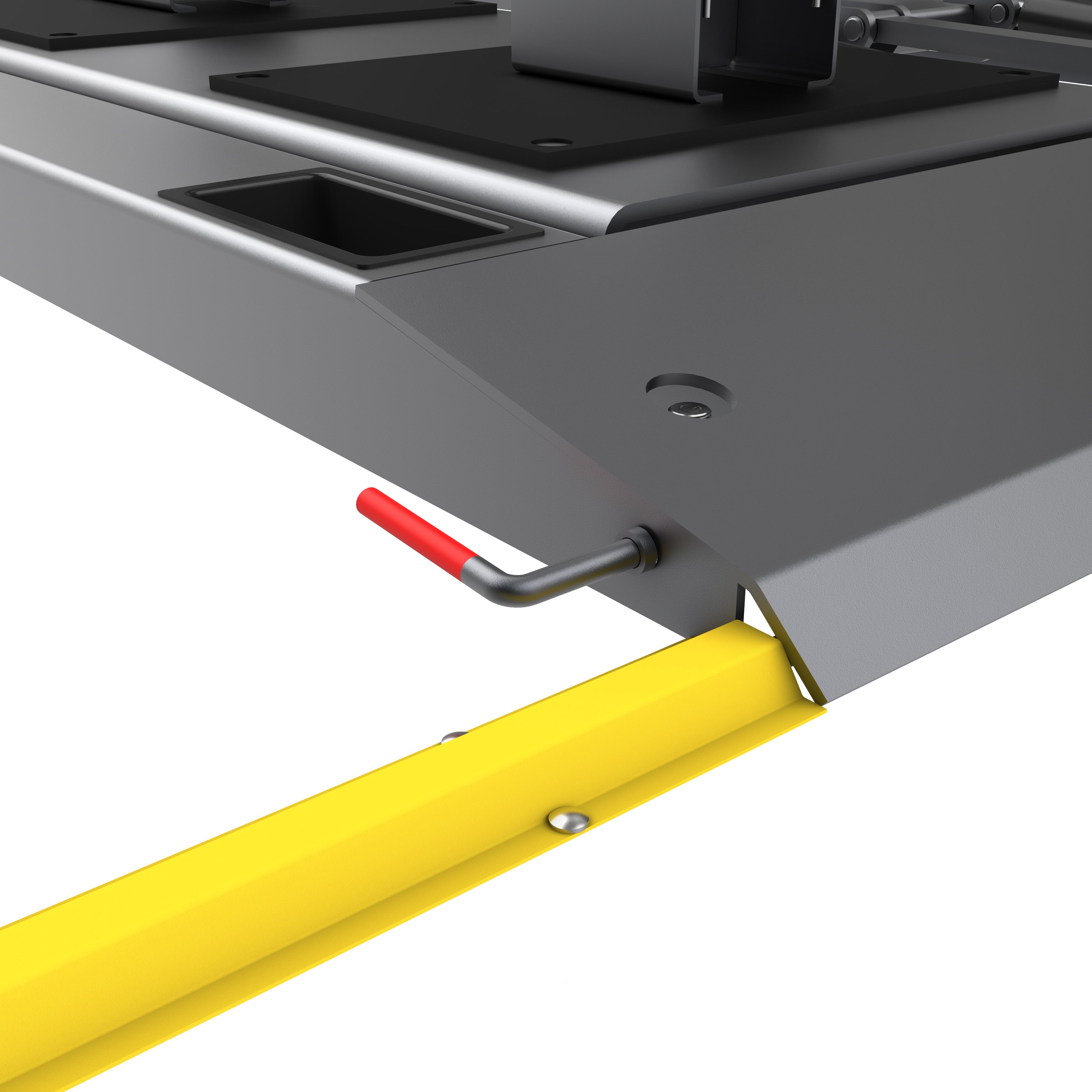 BendPak LR-10000 low-rise lift safety release detail for controlled lowering operation.