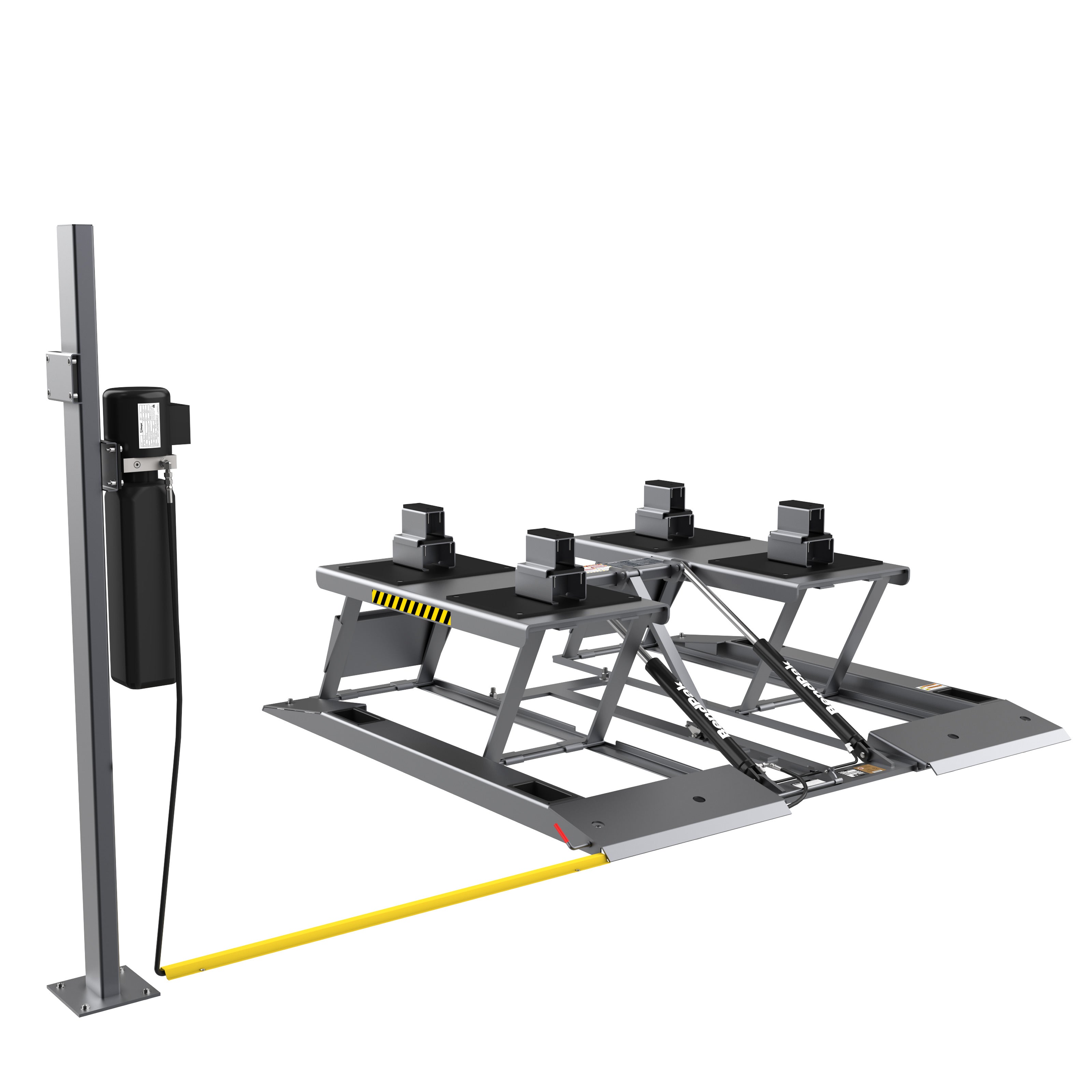 BendPak LR-10000 low-rise lift showing multi-position safety locks and hydraulic power unit stand.