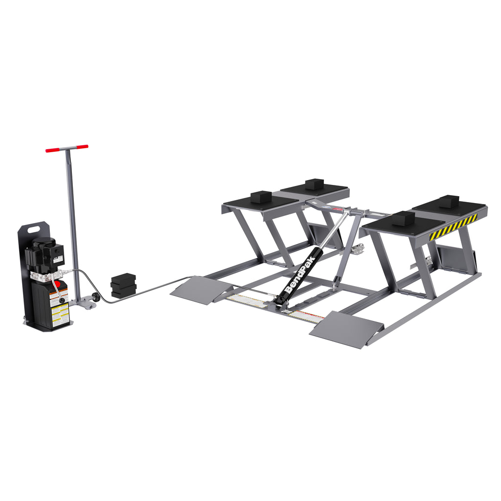 BendPak LR-60P frame-engaging portable scissor lift with rubber contact blocks, drive-on ramps, hydraulic power unit and 6,000-lb. capacity.