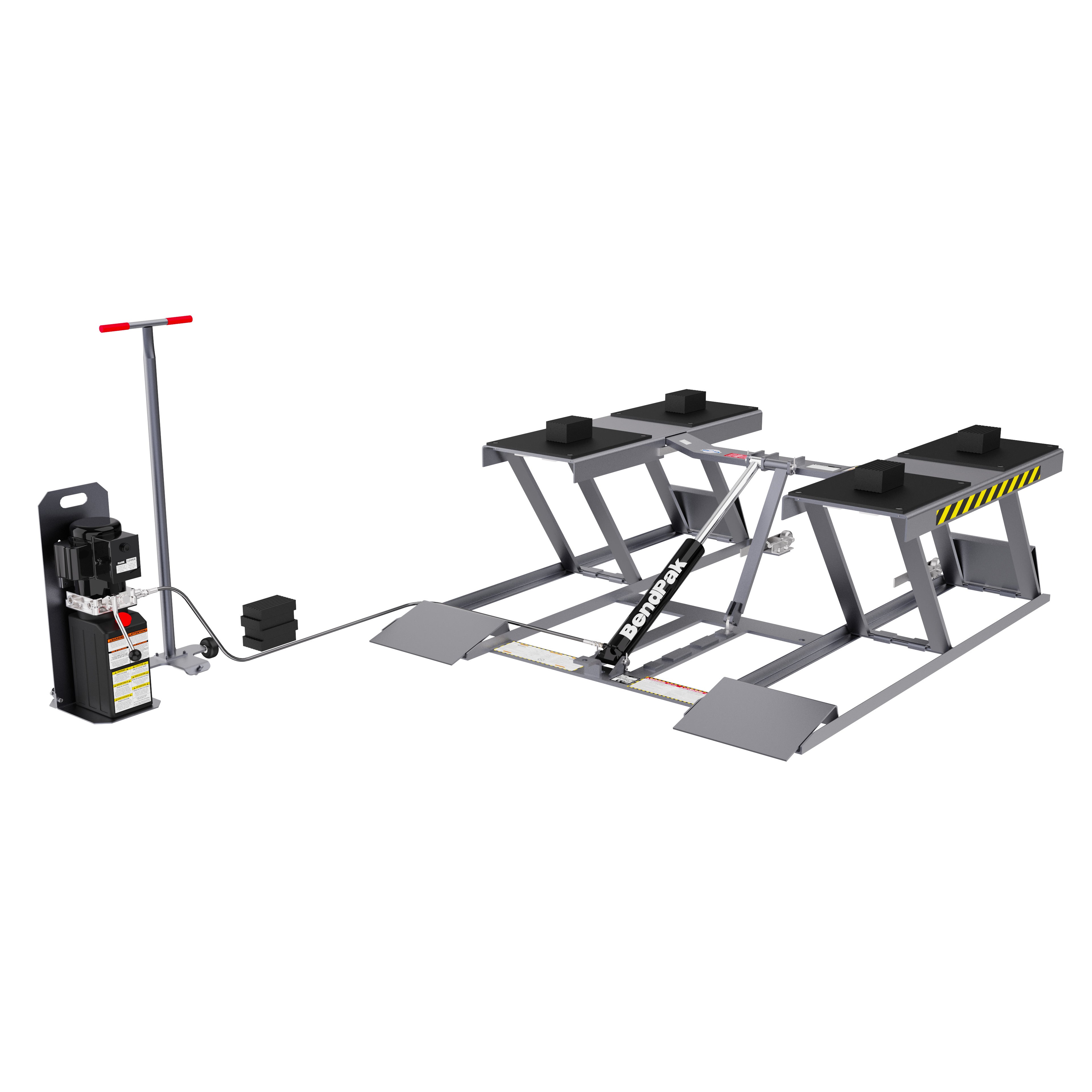 BendPak LR-60P frame-engaging portable scissor lift with rubber contact blocks, drive-on ramps, hydraulic power unit and 6,000-lb. capacity.